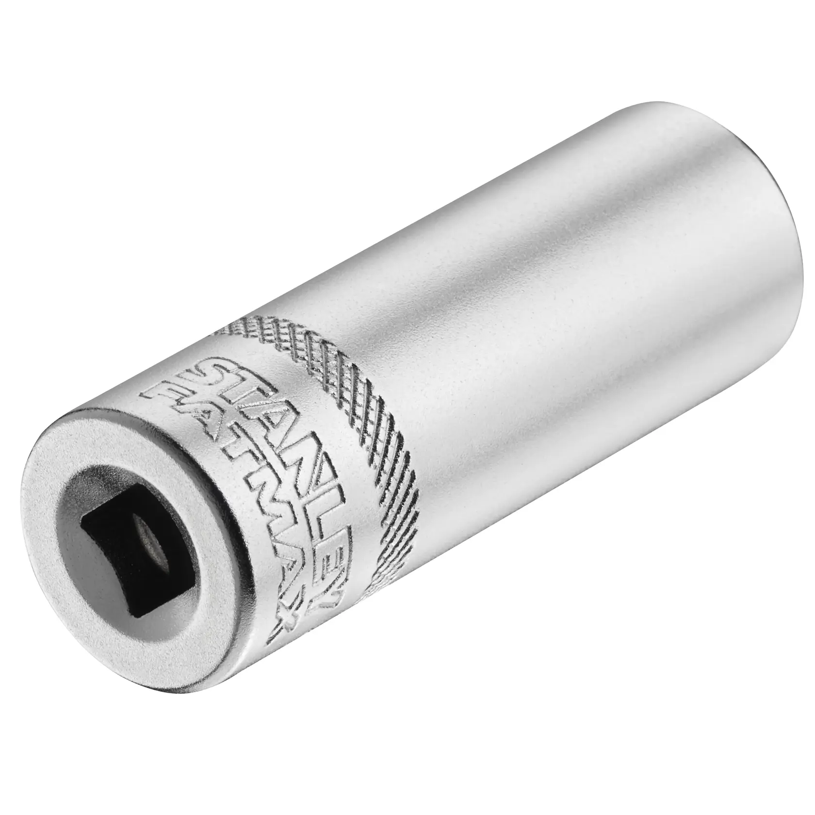 STANLEY FMMT17965-0 socket, chrome finish, cylindrical design, FATMAX branding, front angled on white background.