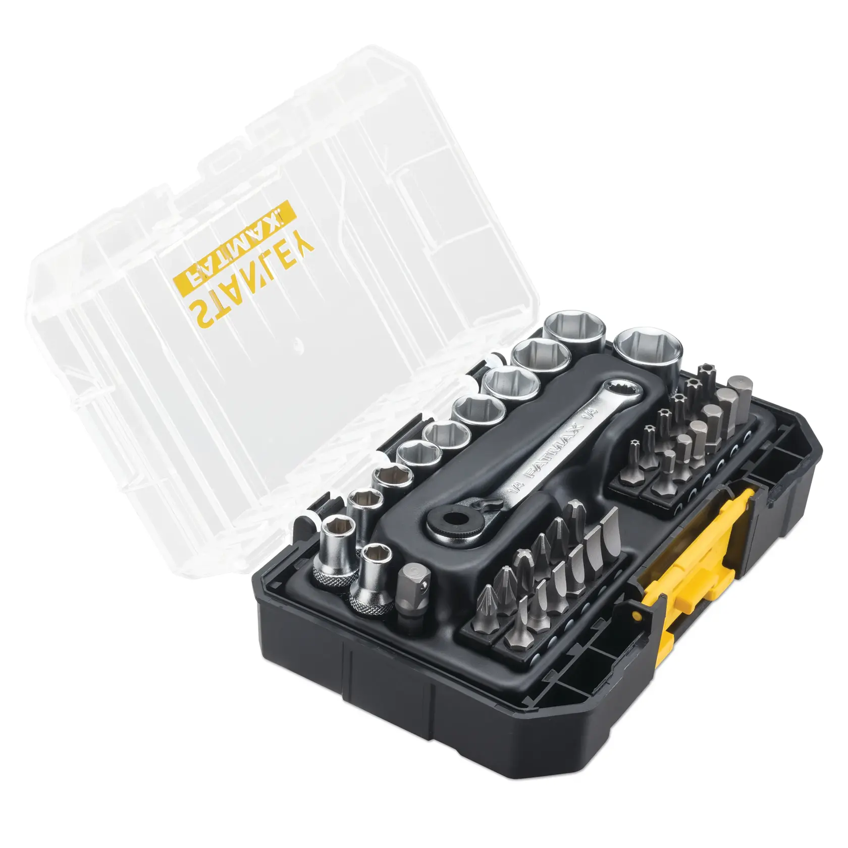 STANLEY FMMT19101-0 socket and bit set in black case with clear lid, top angle.