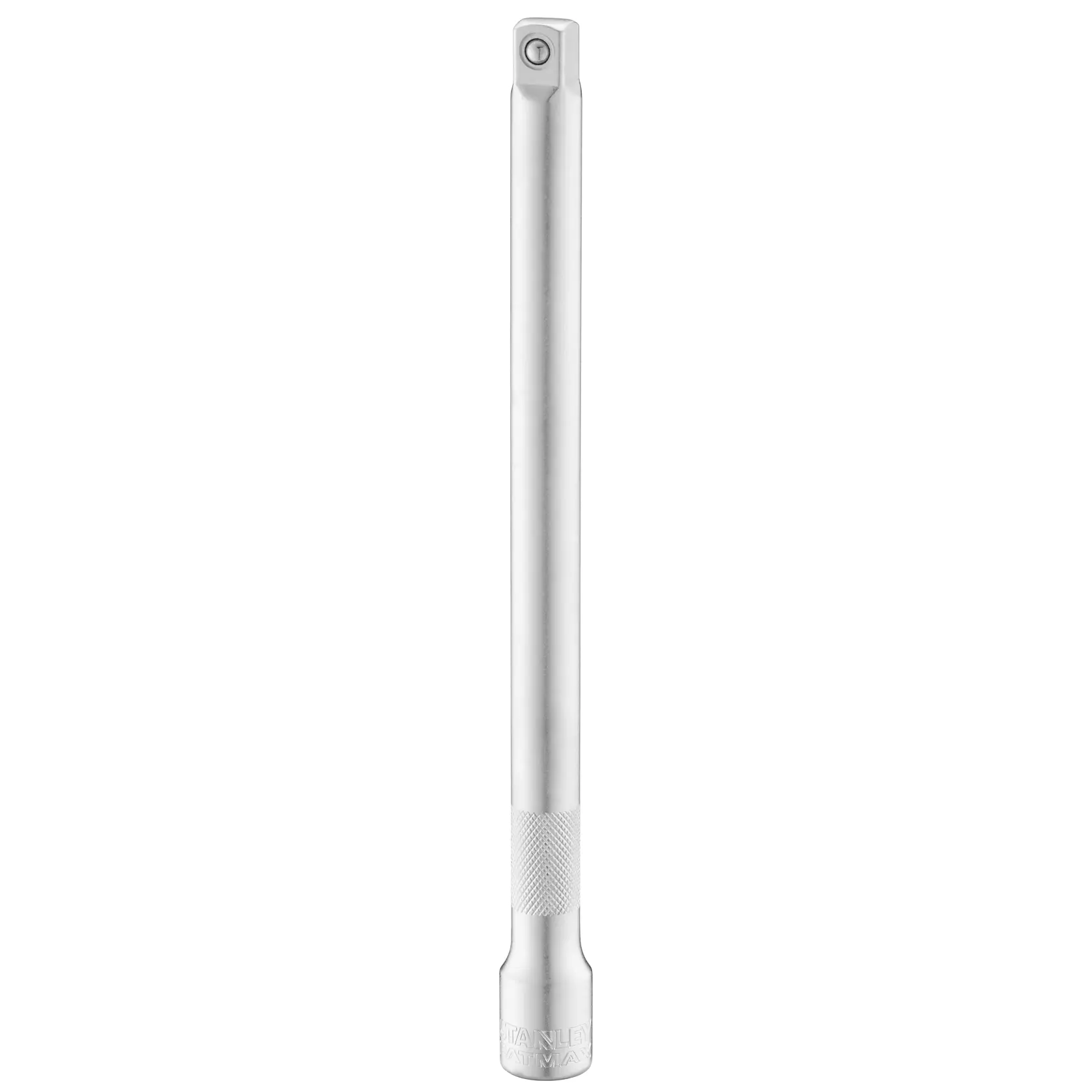 STANLEY FMMT25122-0 chrome extension bar tool, knurled grip, socket accessory, front angle, white background.