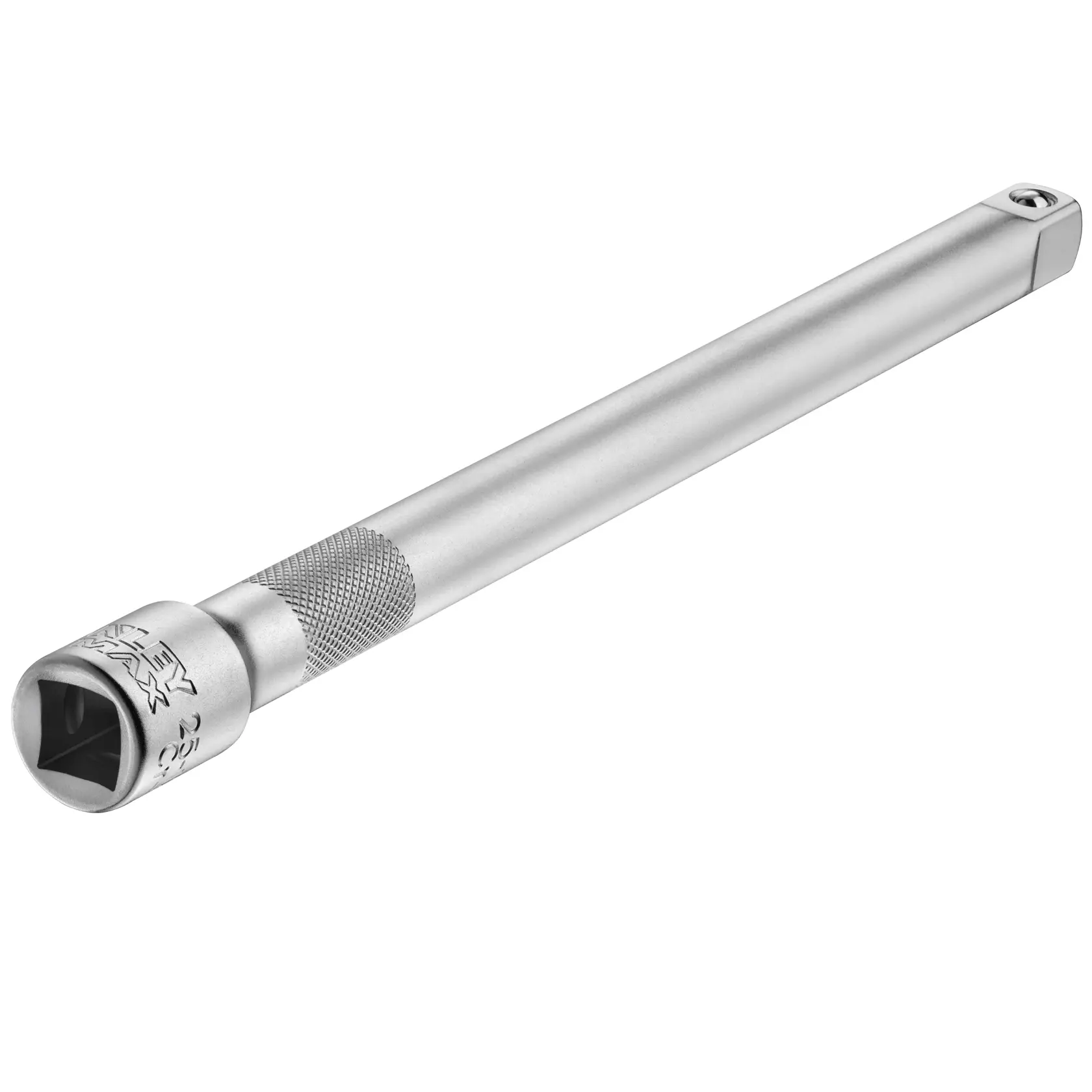 STANLEY FMMT25122-0 silver socket extension bar, knurled grip, product photo, angled on white background.