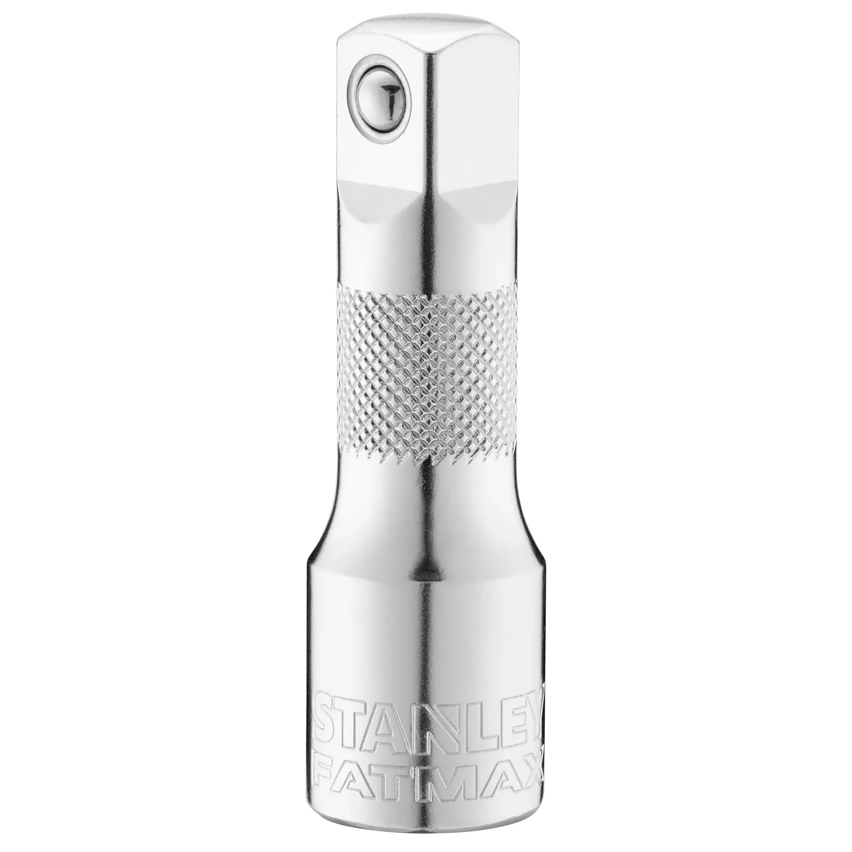 Photo of STANLEY FMMT25123-0 chrome socket adapter with knurled grip, front view on white background.