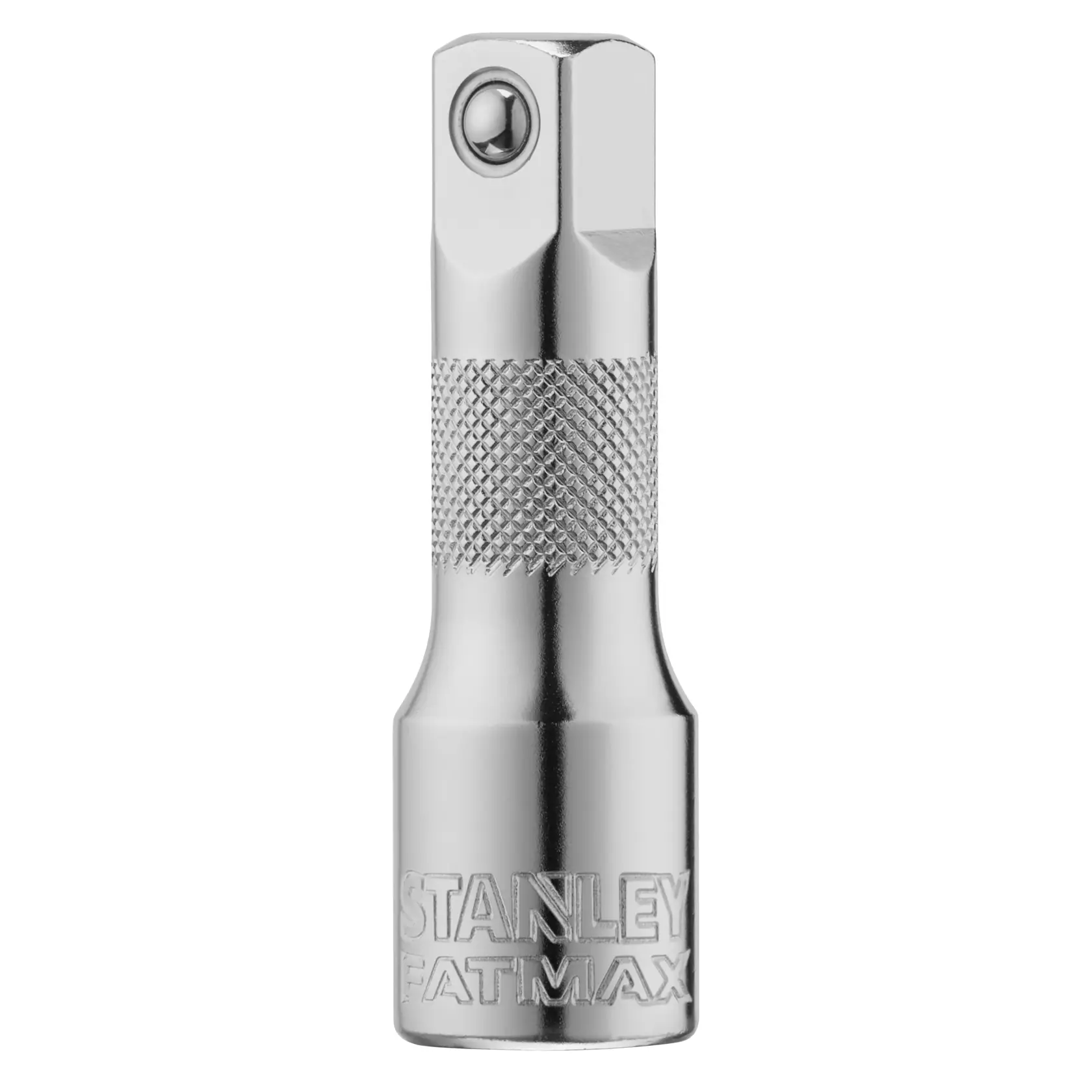STANLEY FMMT25123-0 chrome socket extension, knurled grip, front angle, FATMAX engraving.