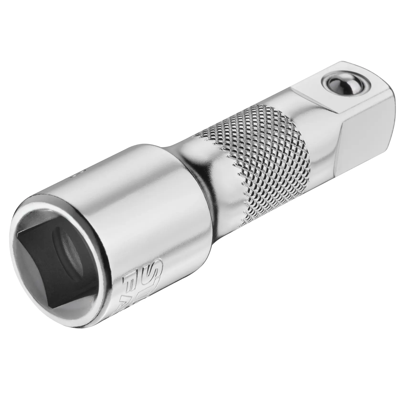 STANLEY FMMT25123-0 chrome socket adapter with knurled grip, shown angled on white background.