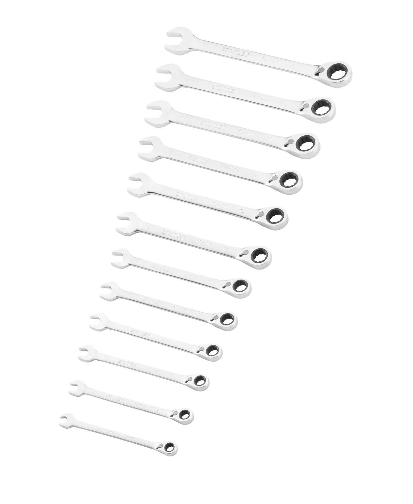 STANLEY FMMT82849-0 combination ratcheting spanner set, 12-piece, chrome finish, top view, white background.