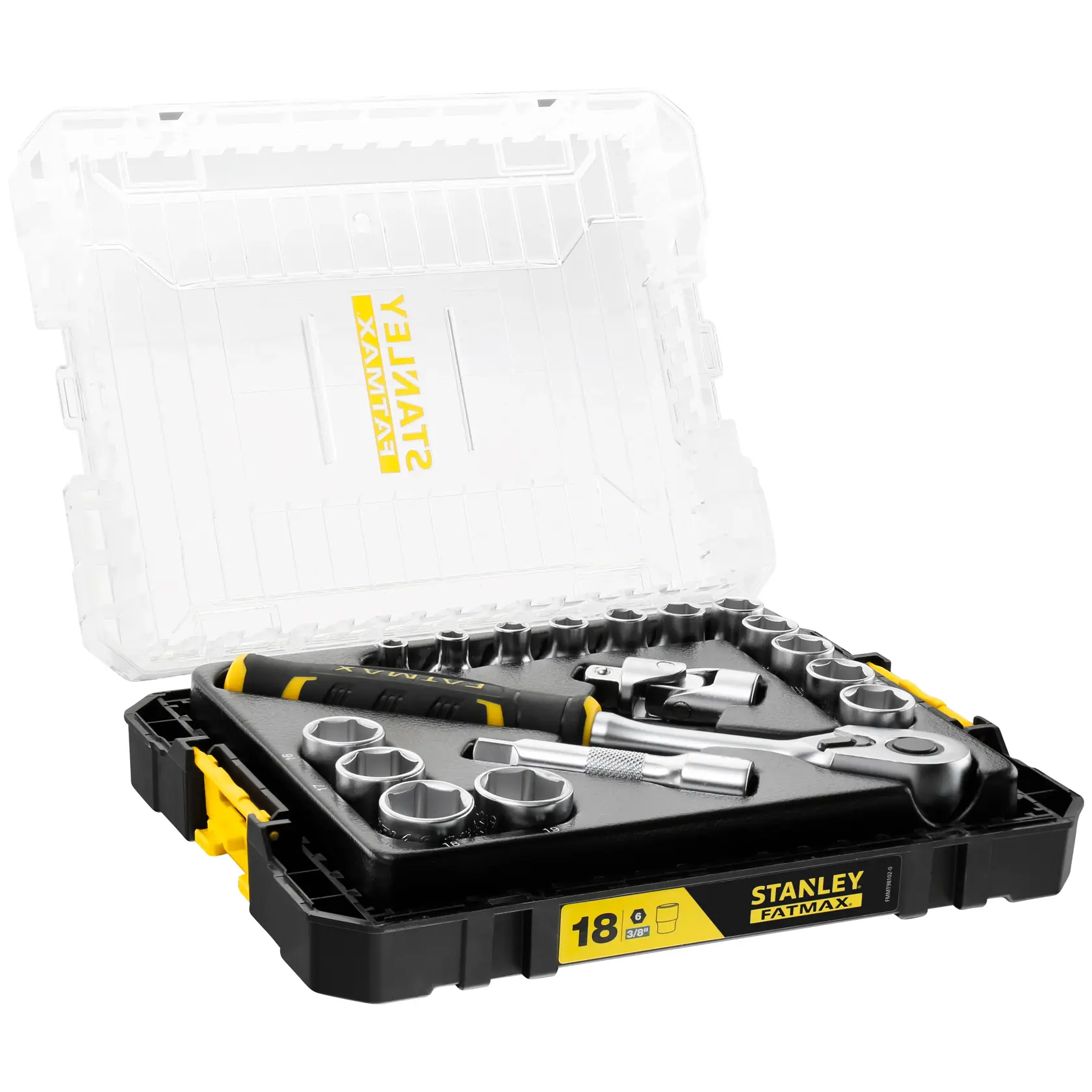 STANLEY FMMT98102-0 socket wrench set with ratchet, sockets, and accessories in black and yellow hard case, angled view.