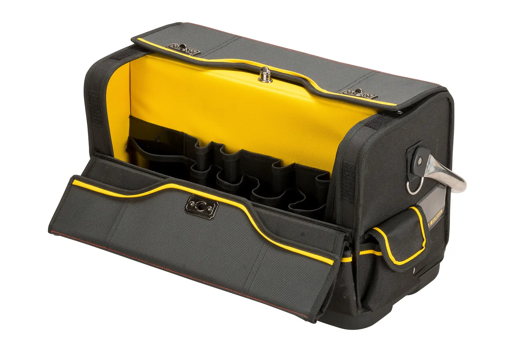 Stanley black and yellow tool bag with open front flap and internal compartments for organized storage.