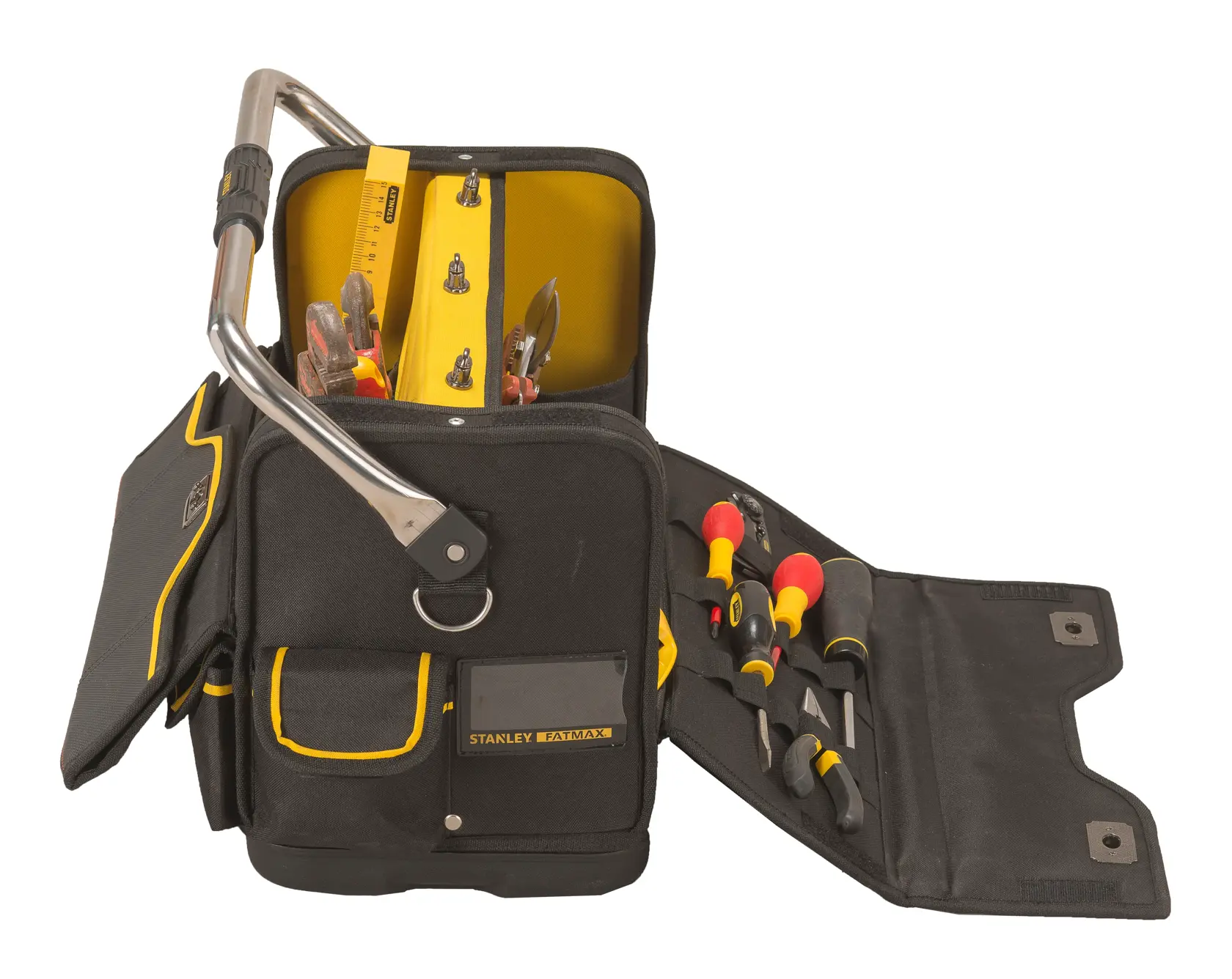 Stanley Fatmax tool bag with metal handle, open compartments, filled with tools and accessories.