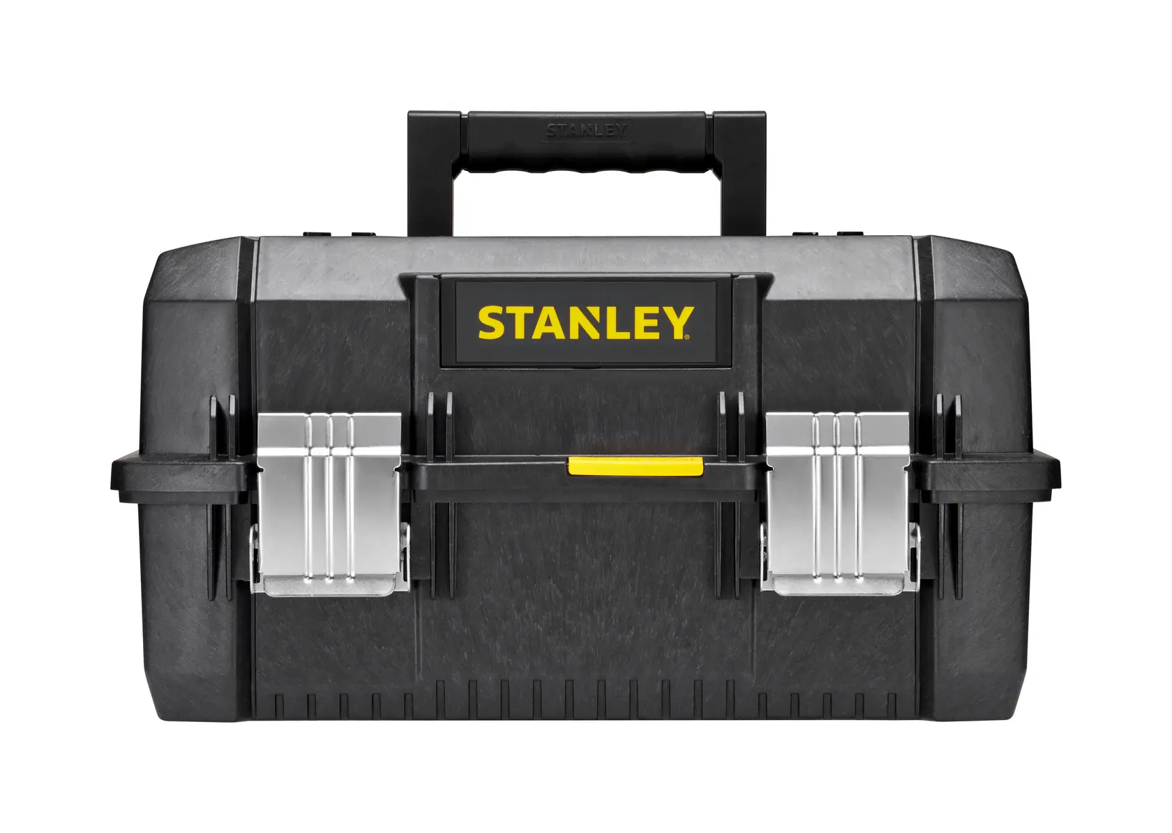 STANLEY FMST1-71219 black toolbox with metal latches, yellow logo, front angle on white background.