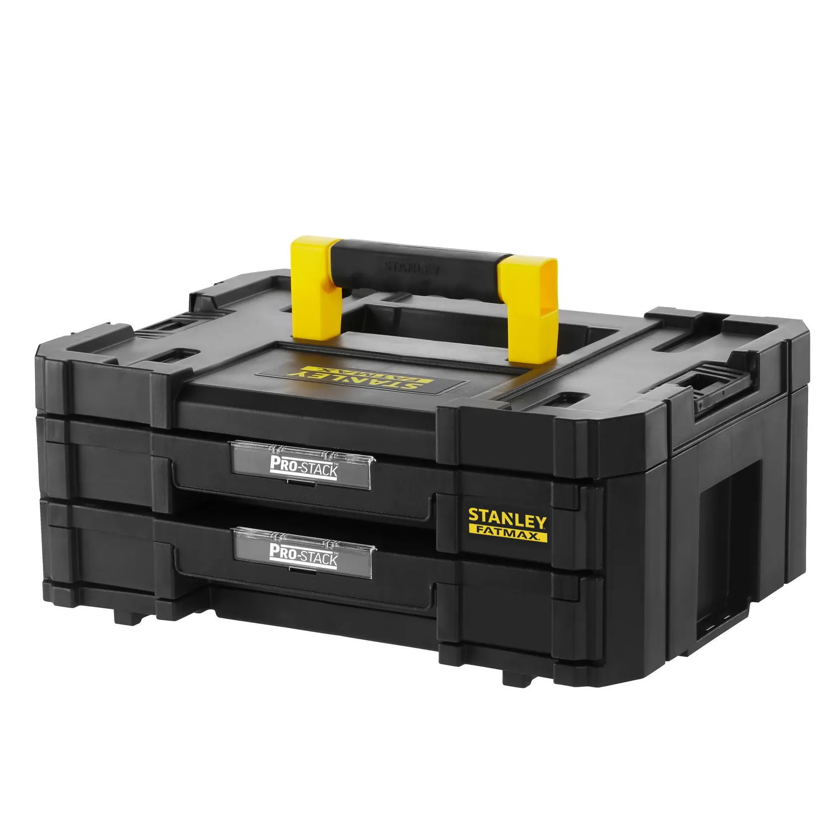 STANLEY FMST1-71969 tool box with two drawers, black with yellow accents, angled front view on white background.