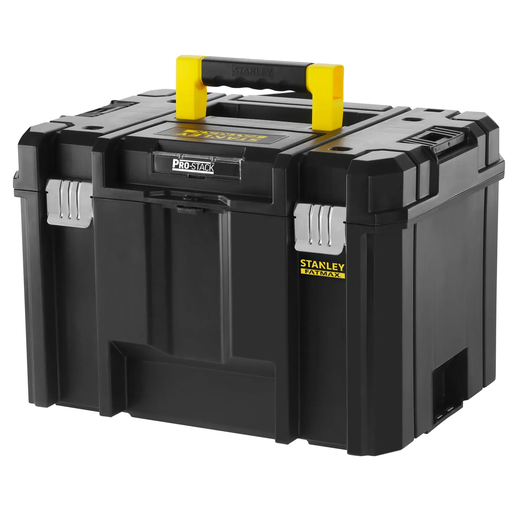 STANLEY FMST1-71971 black tool box with yellow handle, metal latches, and sturdy construction, angled front view.