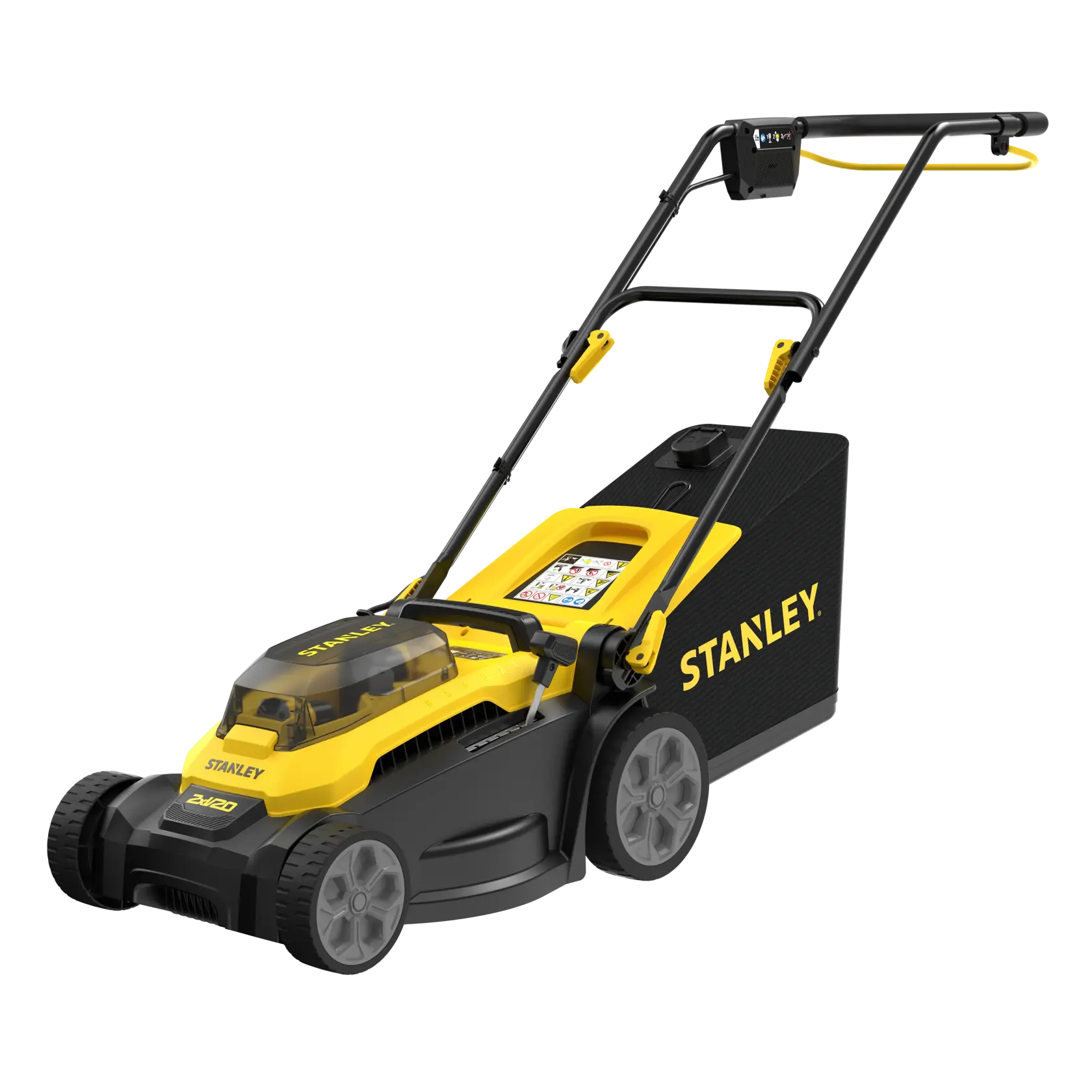 STANLEY SCMWP3701M2 cordless lawn mower front angle, yellow and black design, rear grass bag visible.