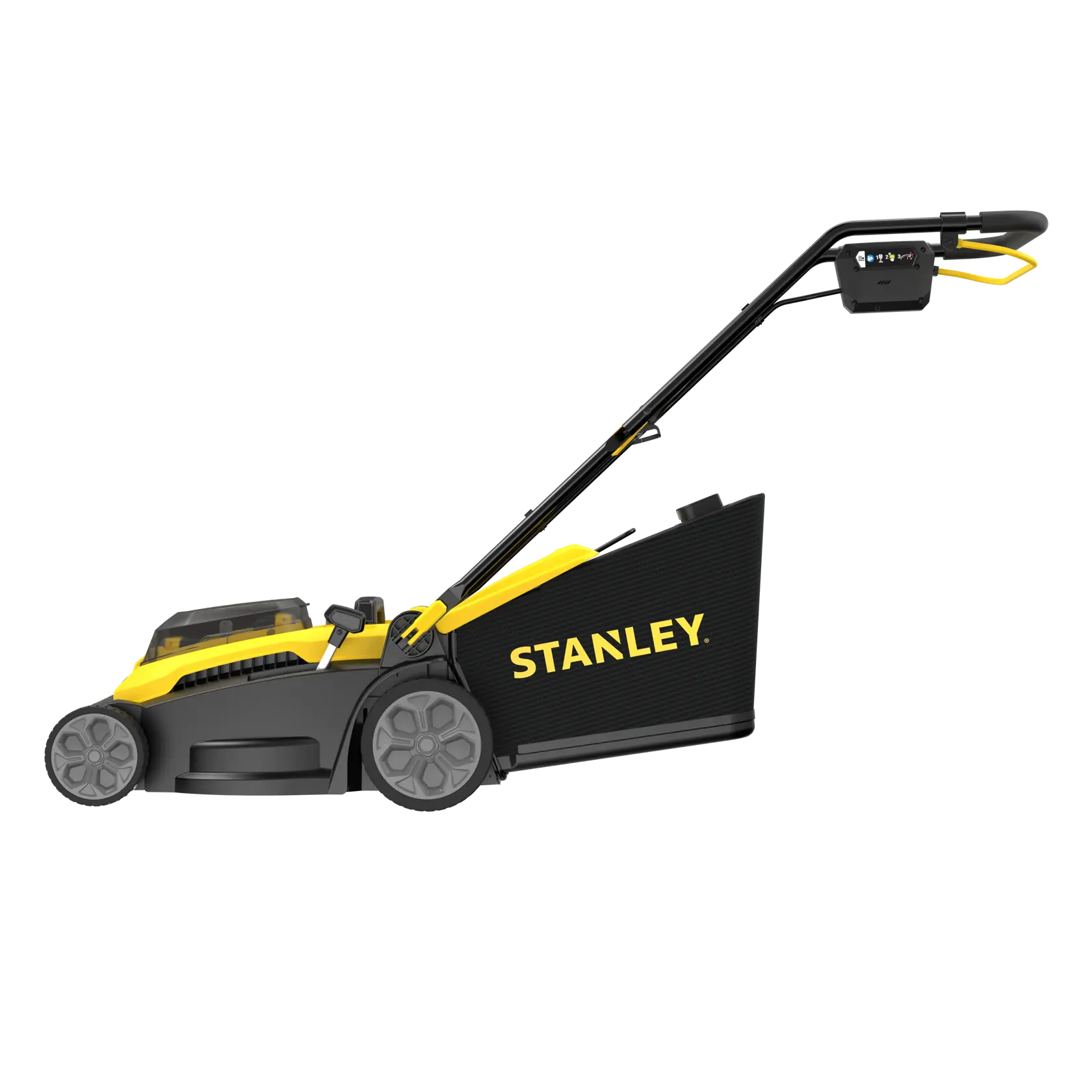 Photo of STANLEY SCMWP3701M2 lawn mower, yellow and black, side angle on white background.
