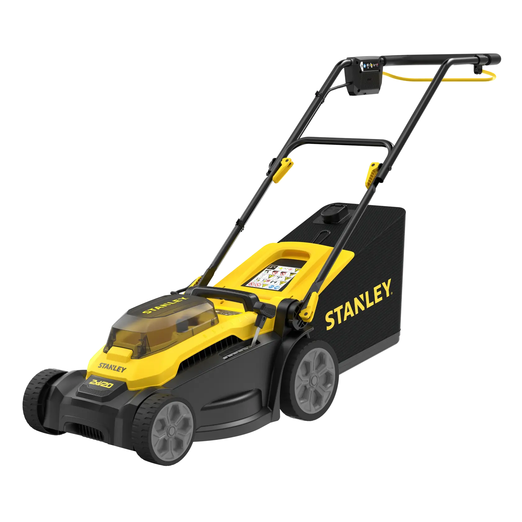 Stanley SCMWP3701N lawn mower side angle, yellow and black body, large rear grass bag, white background.