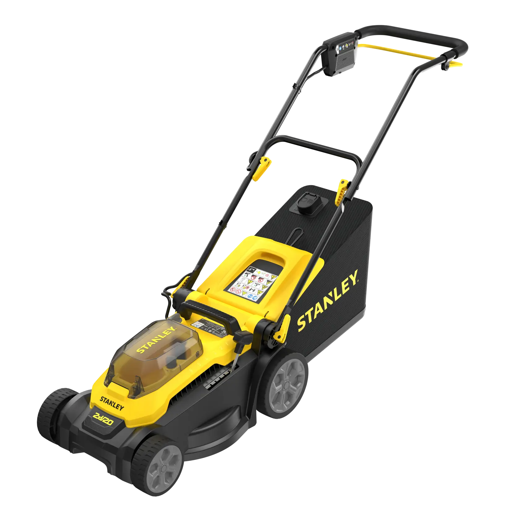 Photo of STANLEY SCMWP3701N cordless lawn mower, black and yellow, side angle on white background.