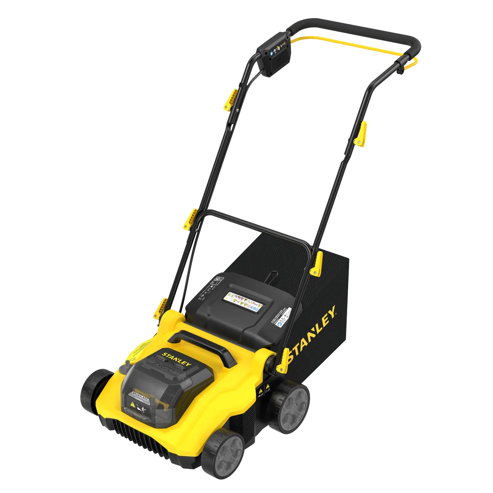 STANLEY SCOEP3801N lawn mower, yellow and black, angled view on white background.
