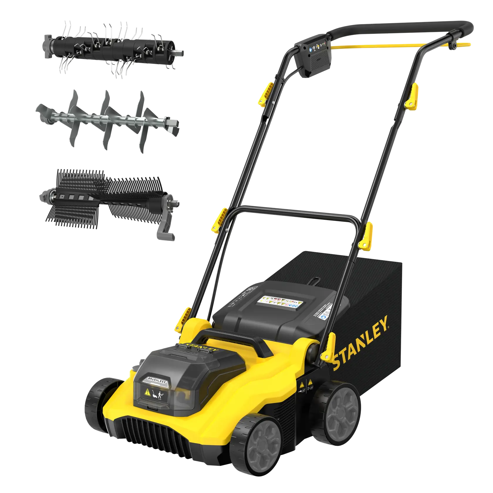 STANLEY SCOEP3801N lawn scarifier with yellow and black body, rear collection bag, and three interchangeable blades, front angle.
