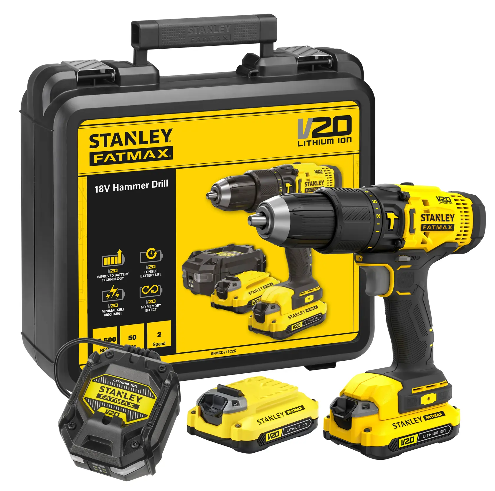STANLEY SFMCD711C2K V20 18V hammer drill kit with carry case, charger, and two lithium-ion batteries, front angle.