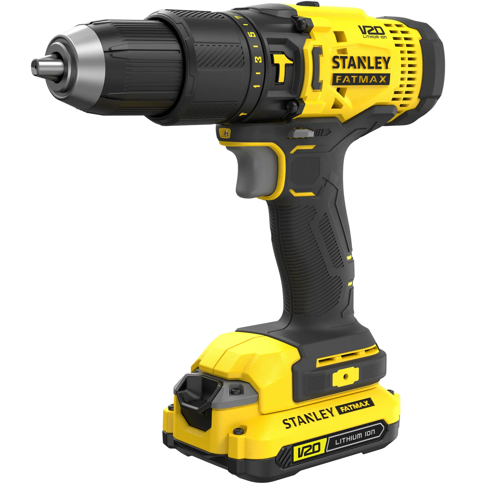 Photo of STANLEY SFMCD711C2S cordless drill with yellow and black body, V20 Lithium Ion battery, front right angle.