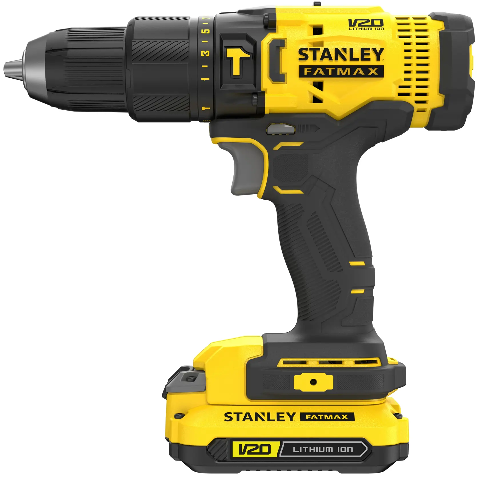 Photo of STANLEY SFMCD711C2S cordless drill, yellow and black, V20 Lithium Ion, side view on white background.