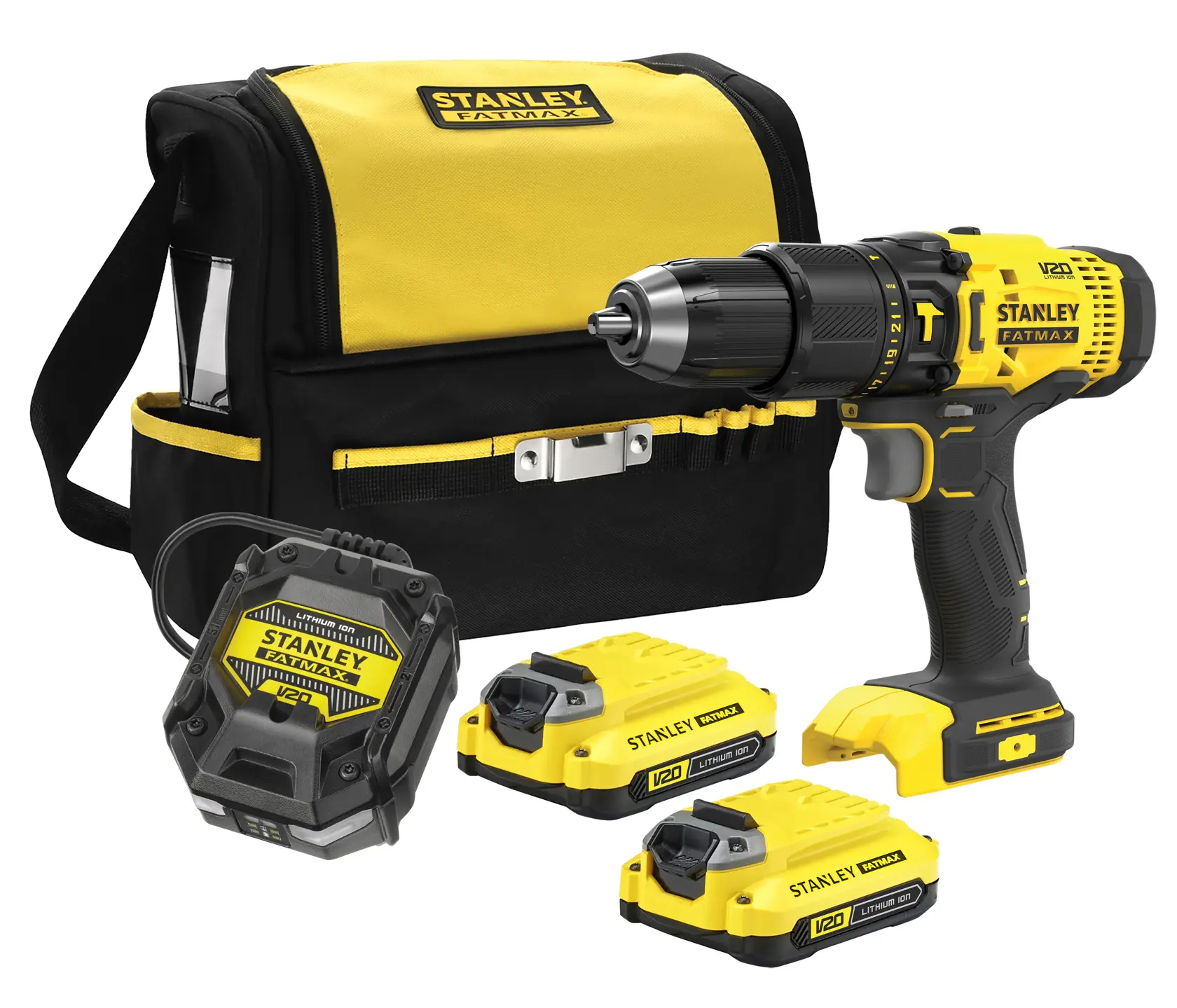 STANLEY SFMCD711C2S drill set photo, includes drill, charger, two batteries and tool bag, front angle.
