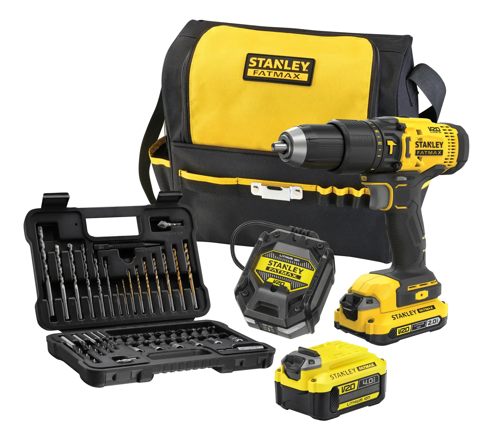 STANLEY SFMCD711DMA cordless drill kit with accessories, batteries, charger, and yellow tool bag, front angle.