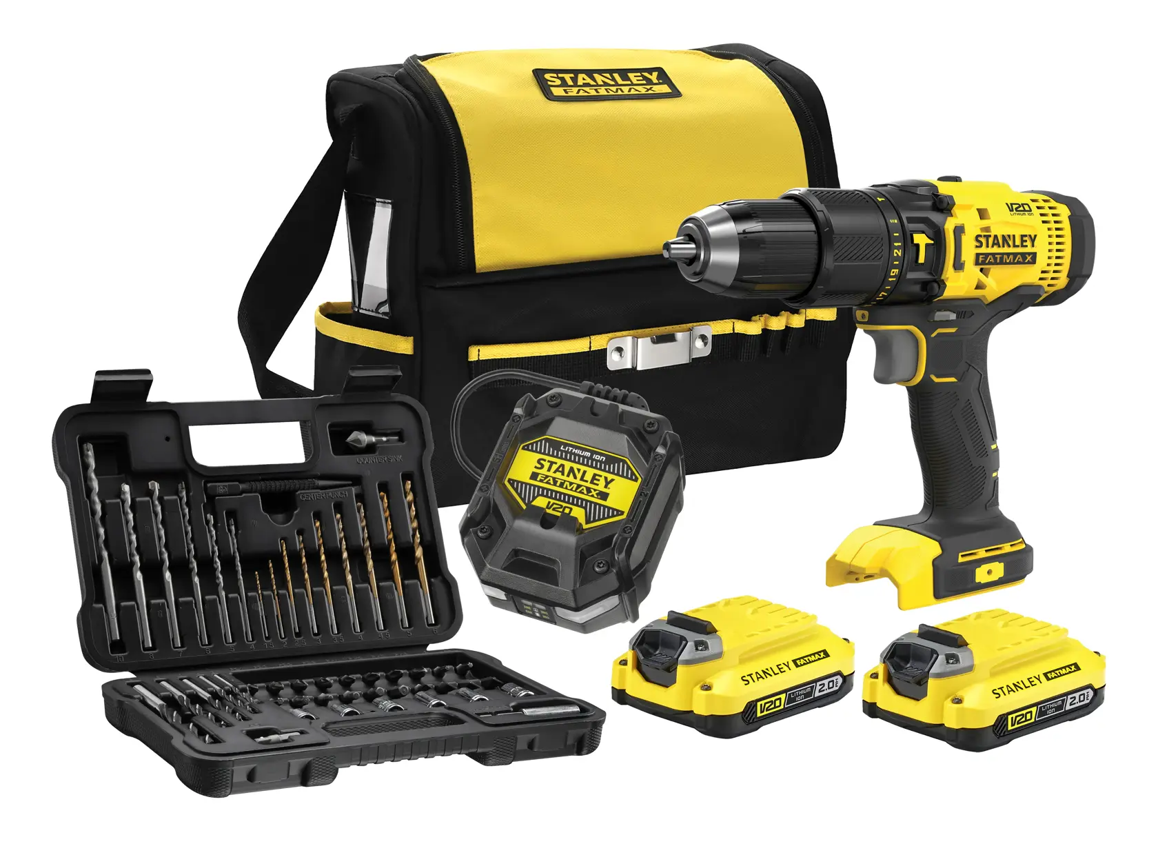 Photo of STANLEY SFMCD711DSA drill kit with yellow-black bag, accessories, batteries, and drill bits, front angle.