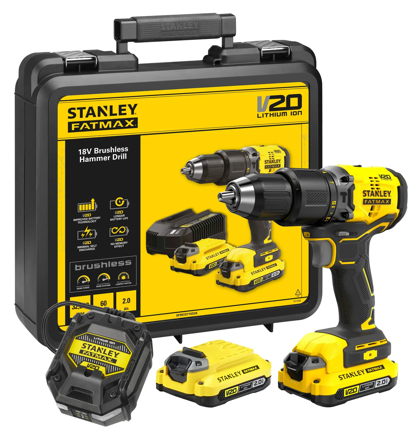 STANLEY SFMCD715D2K V20 hammer drill kit, 18V brushless, yellow-black, with batteries and case, front angle.