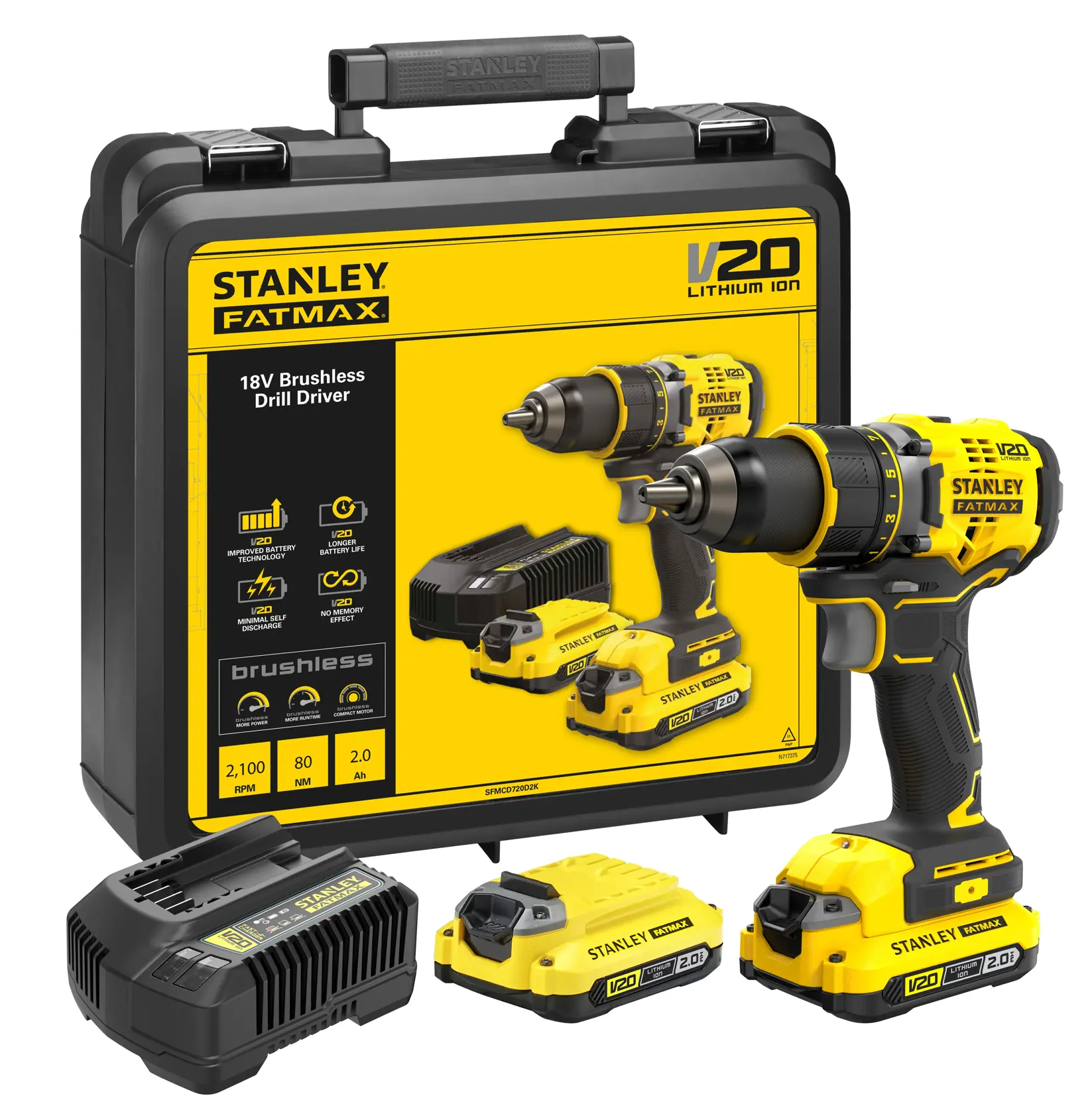 STANLEY SFMCD720D2K cordless drill driver, yellow and black, side view, with V20 lithium ion 2.0Ah battery.