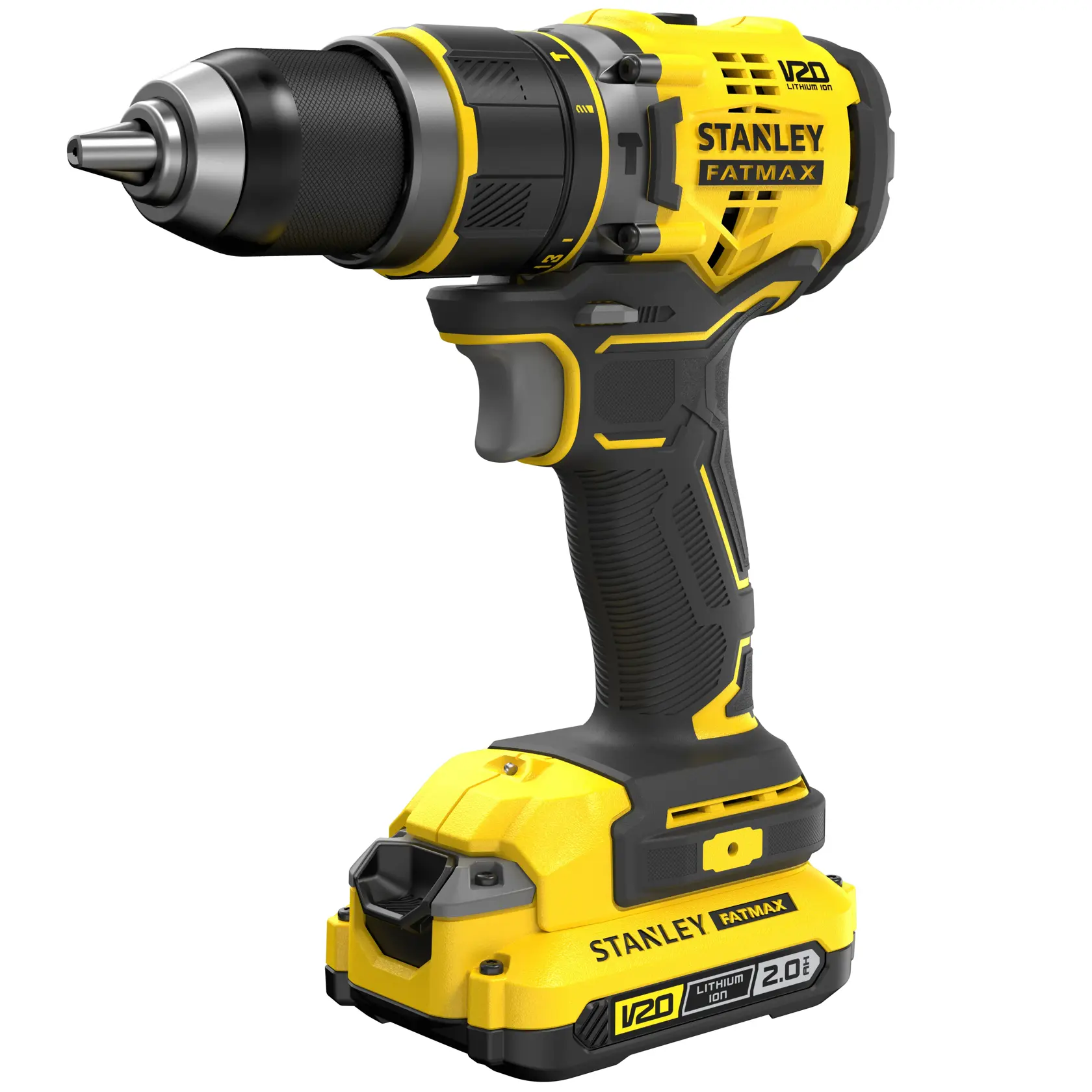STANLEY SFMCD721D2K cordless drill, yellow and black, right side angle, V20 Lithium Ion, 2.0 Ah battery.