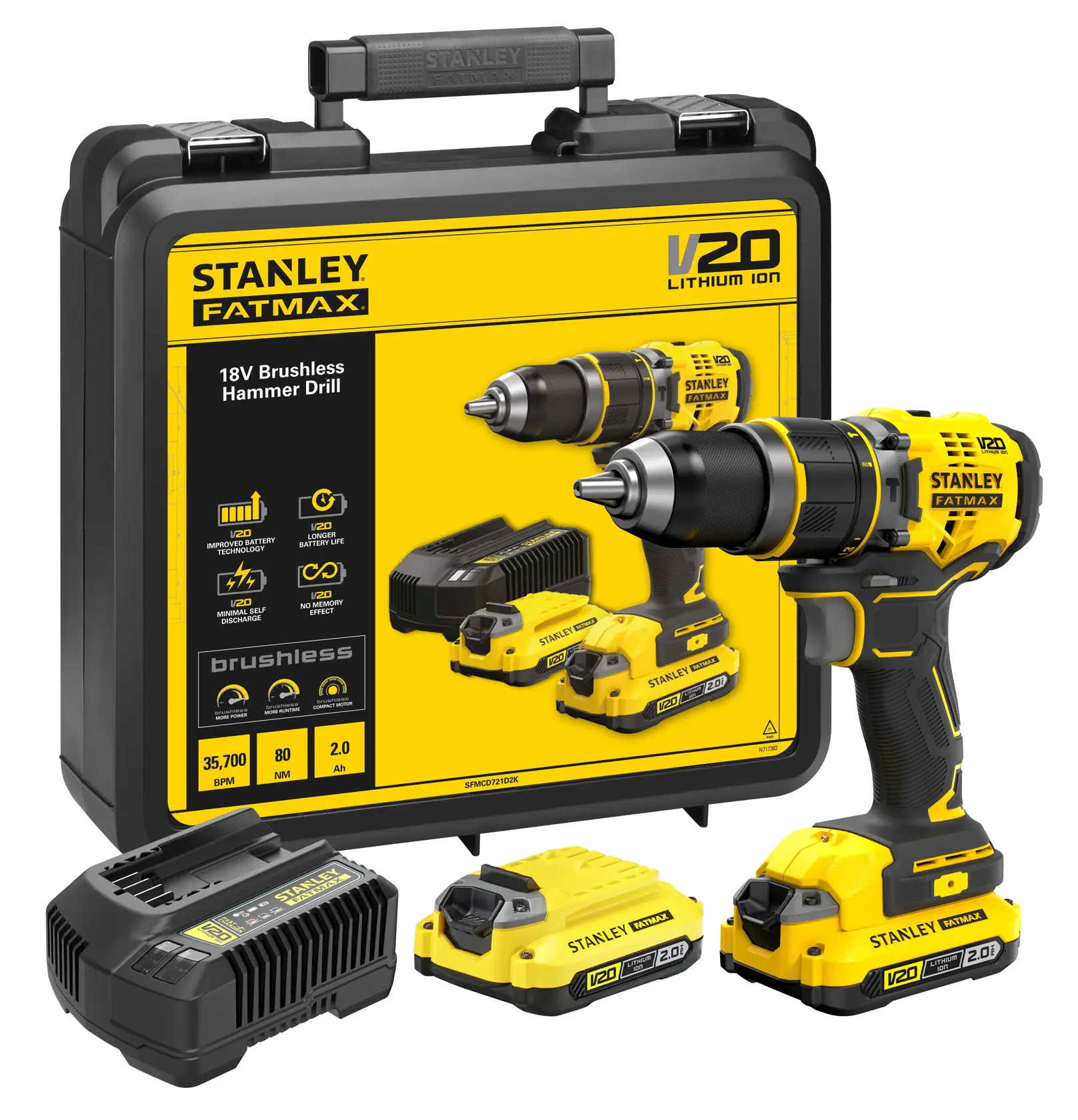 STANLEY SFMCD721D2K brushless 18V hammer drill set with case, charger, and two batteries, product front angle.