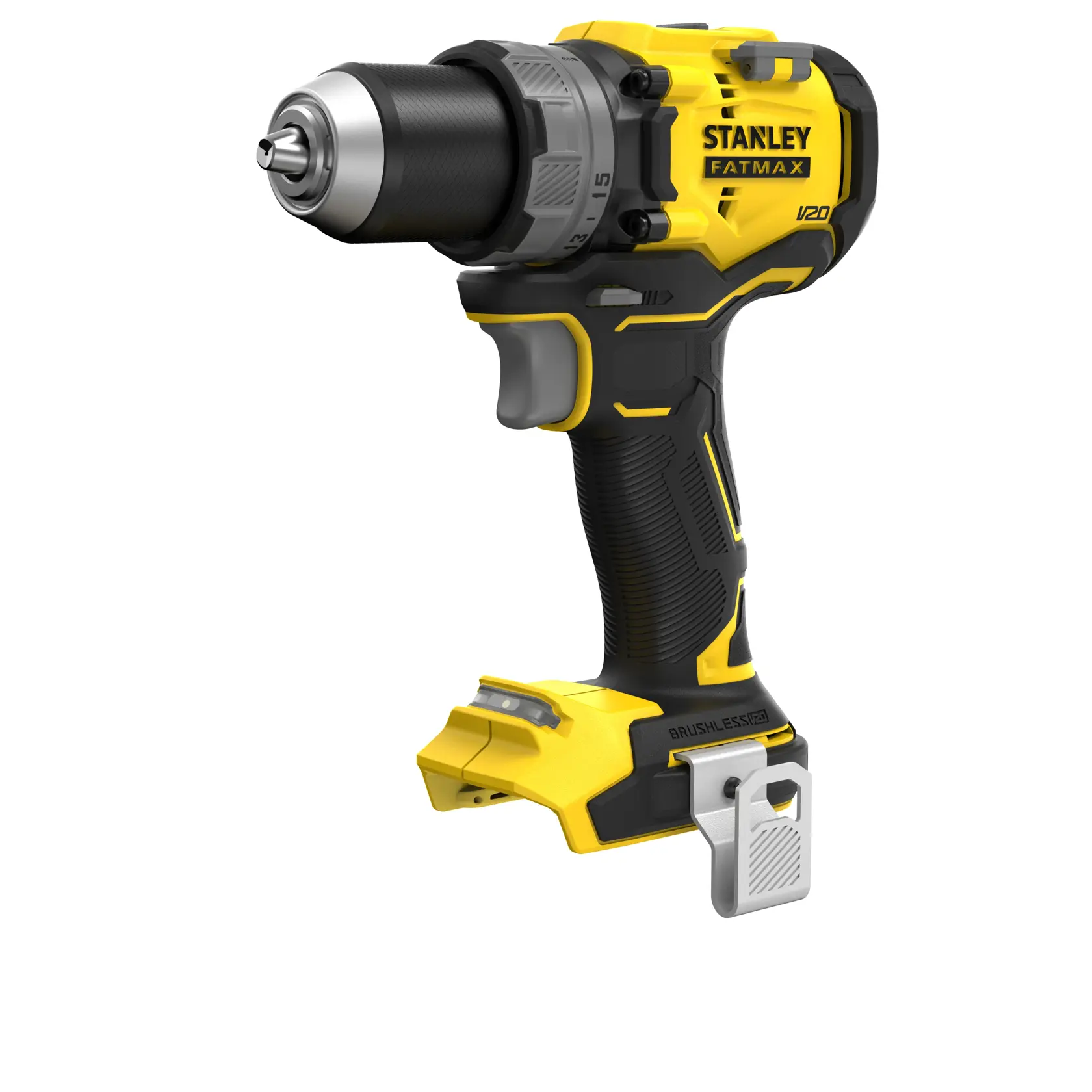 Photo of STANLEY SFMCD725B cordless drill, yellow and black, side angle on white background.