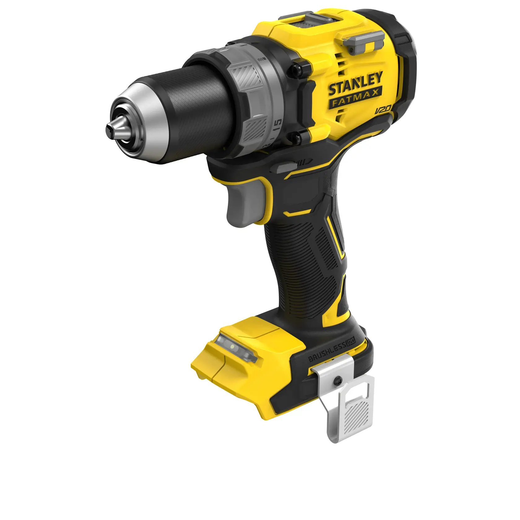 Photo of STANLEY SFMCD725B cordless brushless drill driver, yellow and black, side angle, no battery attached.
