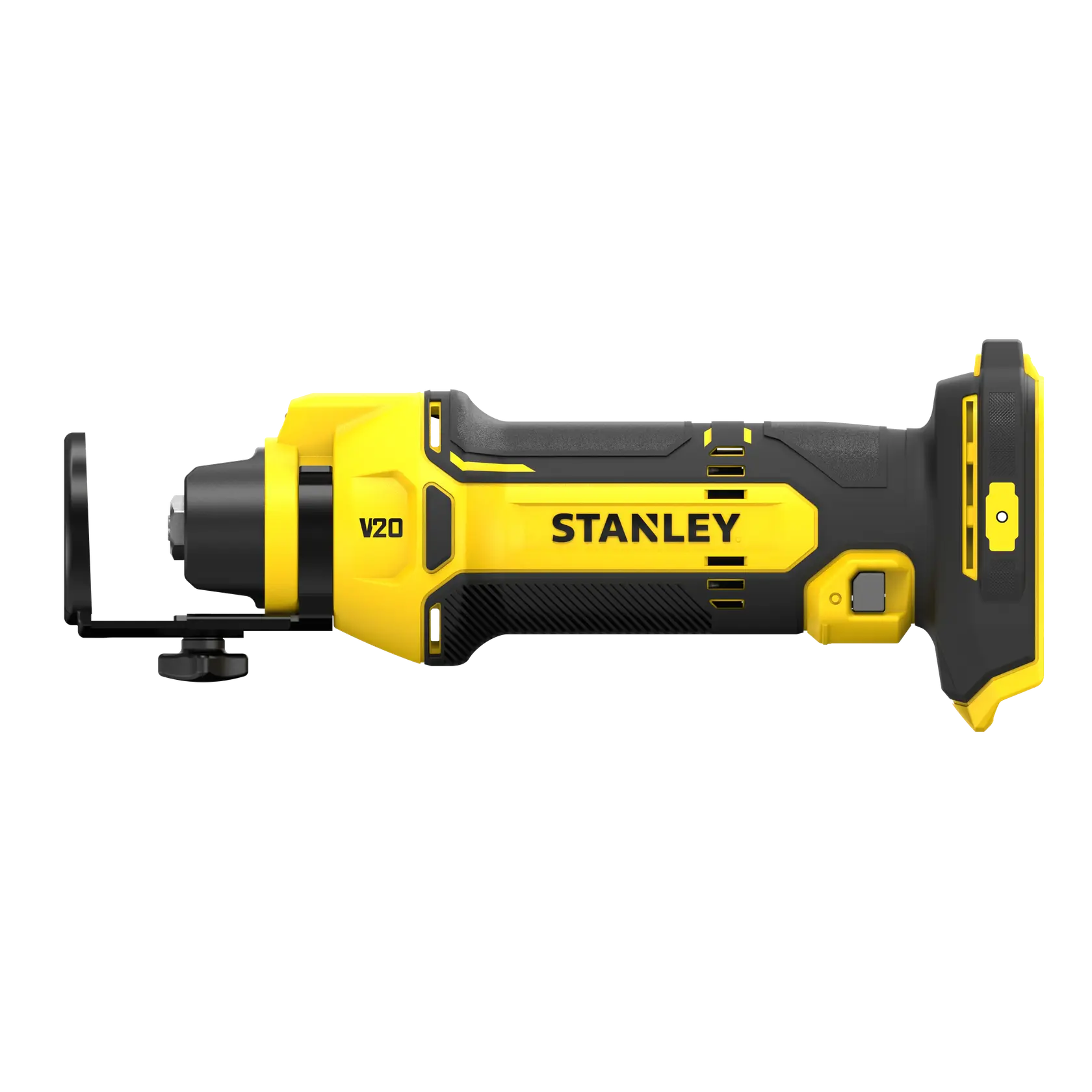 STANLEY SFMCE200B rotary tool, yellow and black, side angle on white background.