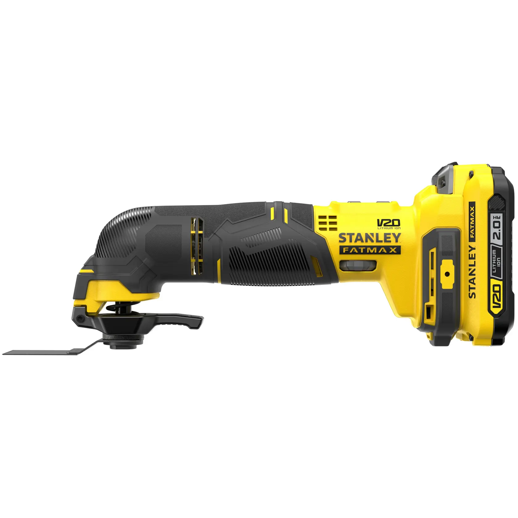 STANLEY SFMCE500D2K cordless oscillating multi-tool, yellow and black, side view, white background.