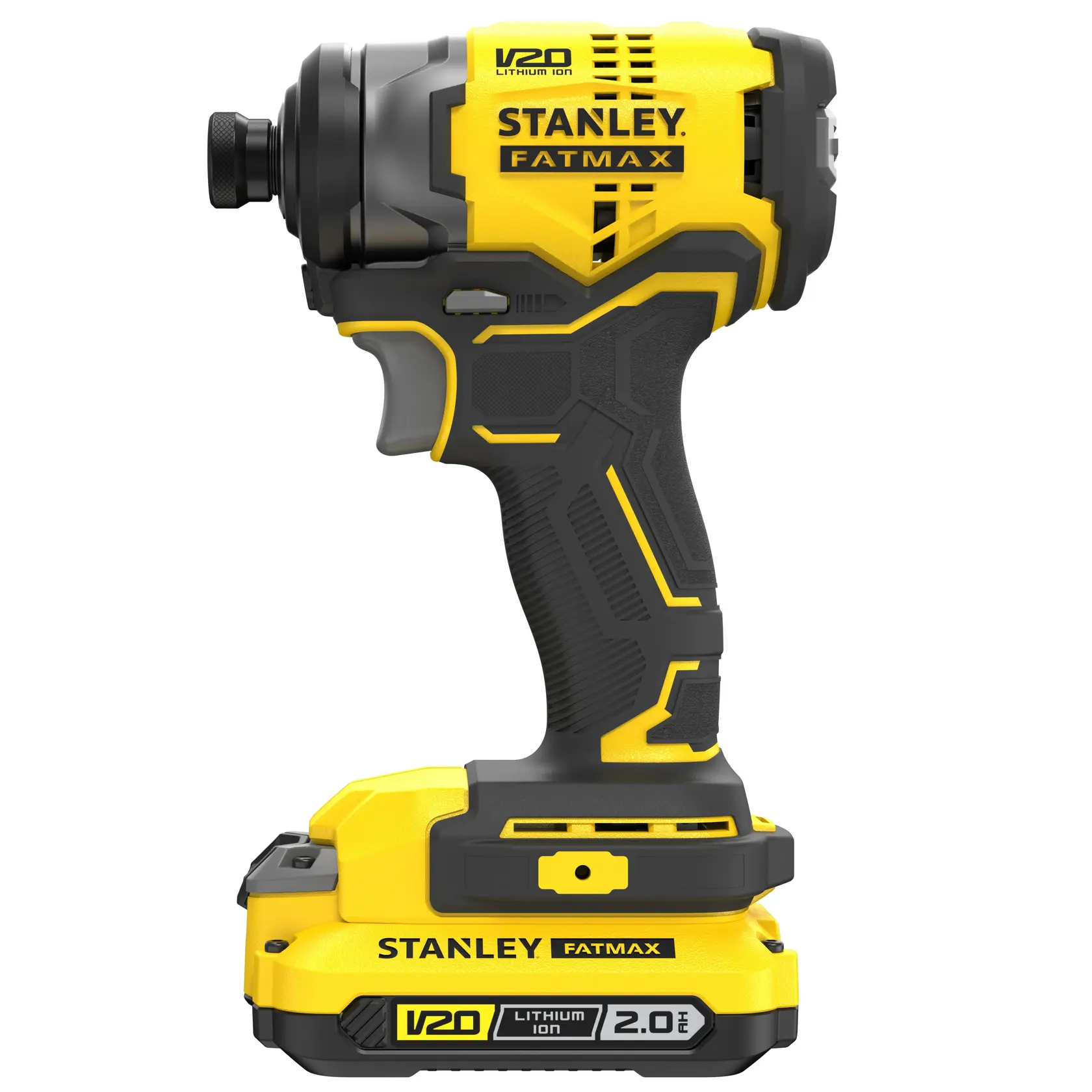 Photo of STANLEY SFMCF810D2K cordless impact driver, yellow and black, V20 Lithium Ion, side view on white background.