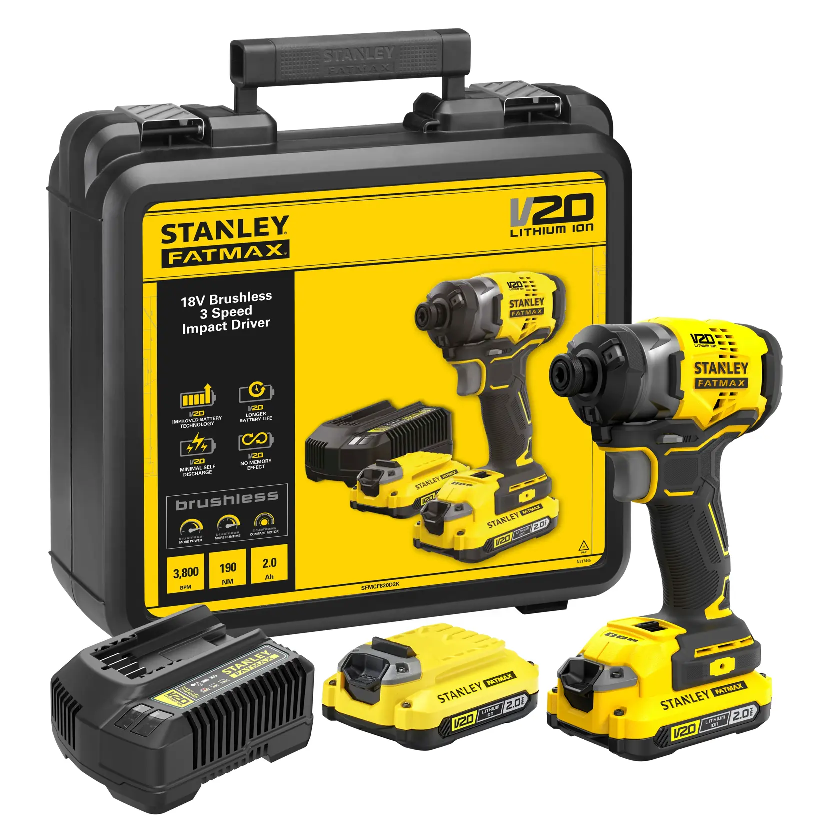STANLEY SFMCF820D2K cordless yellow and black impact driver, front left angle on white background.