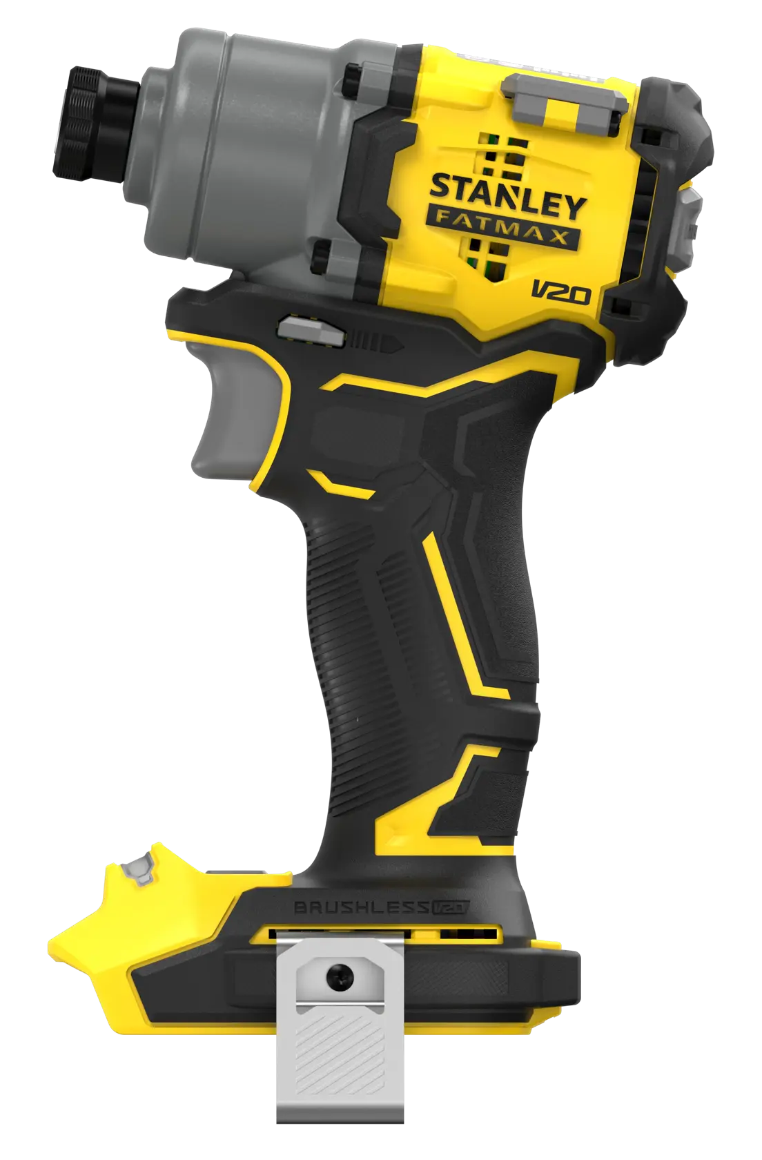 STANLEY SFMCF830B brushless impact driver, yellow and black, side angle on white background.