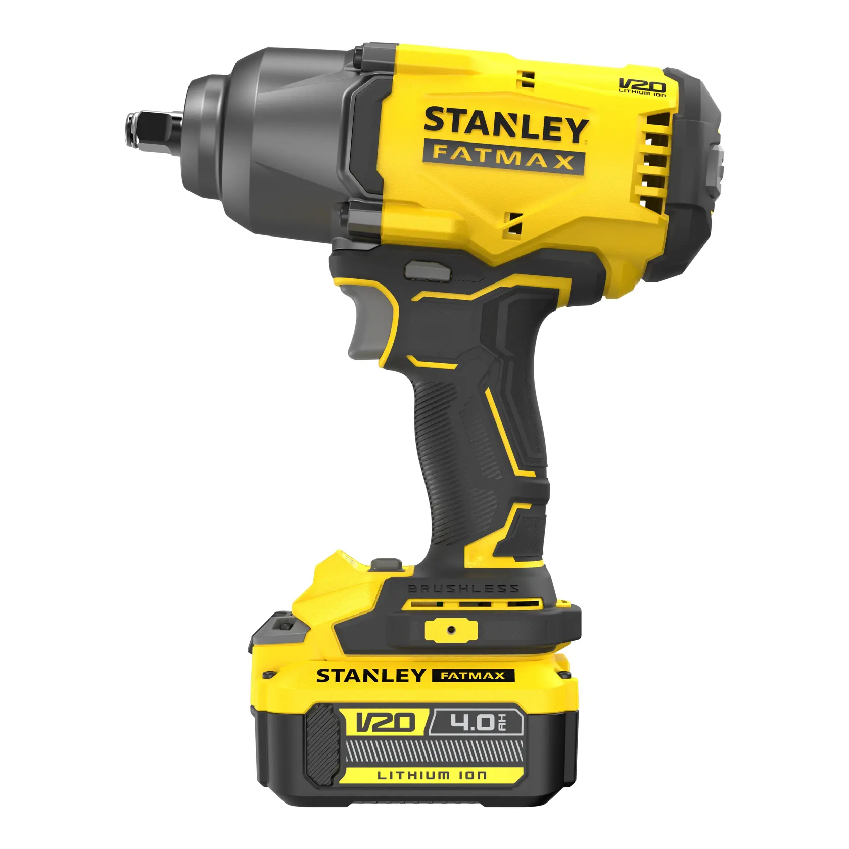 STANLEY SFMCF940M1 cordless impact wrench, yellow and black, side angle, V20 FATMAX series.