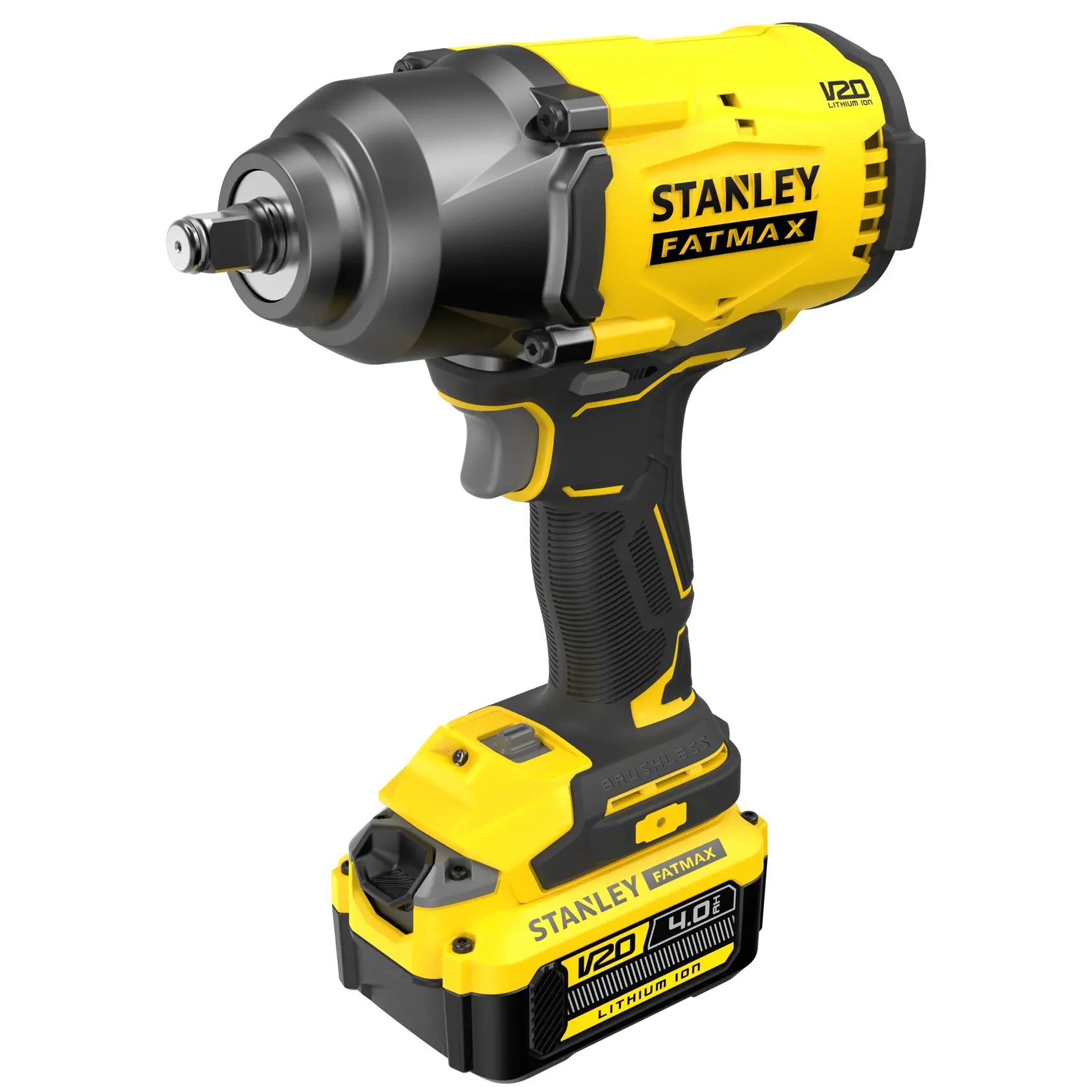 STANLEY SFMCF940M1 V20 Fatmax cordless impact wrench, yellow and black, front angle photo.