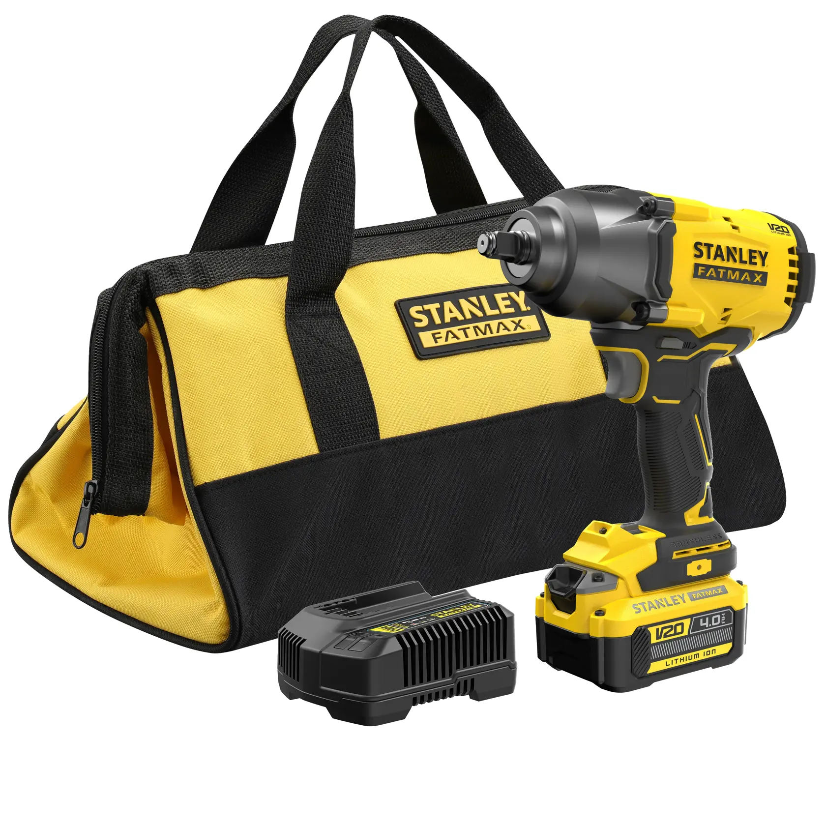 STANLEY SFMCF940M1 cordless impact wrench, yellow and black, side angle on white background.