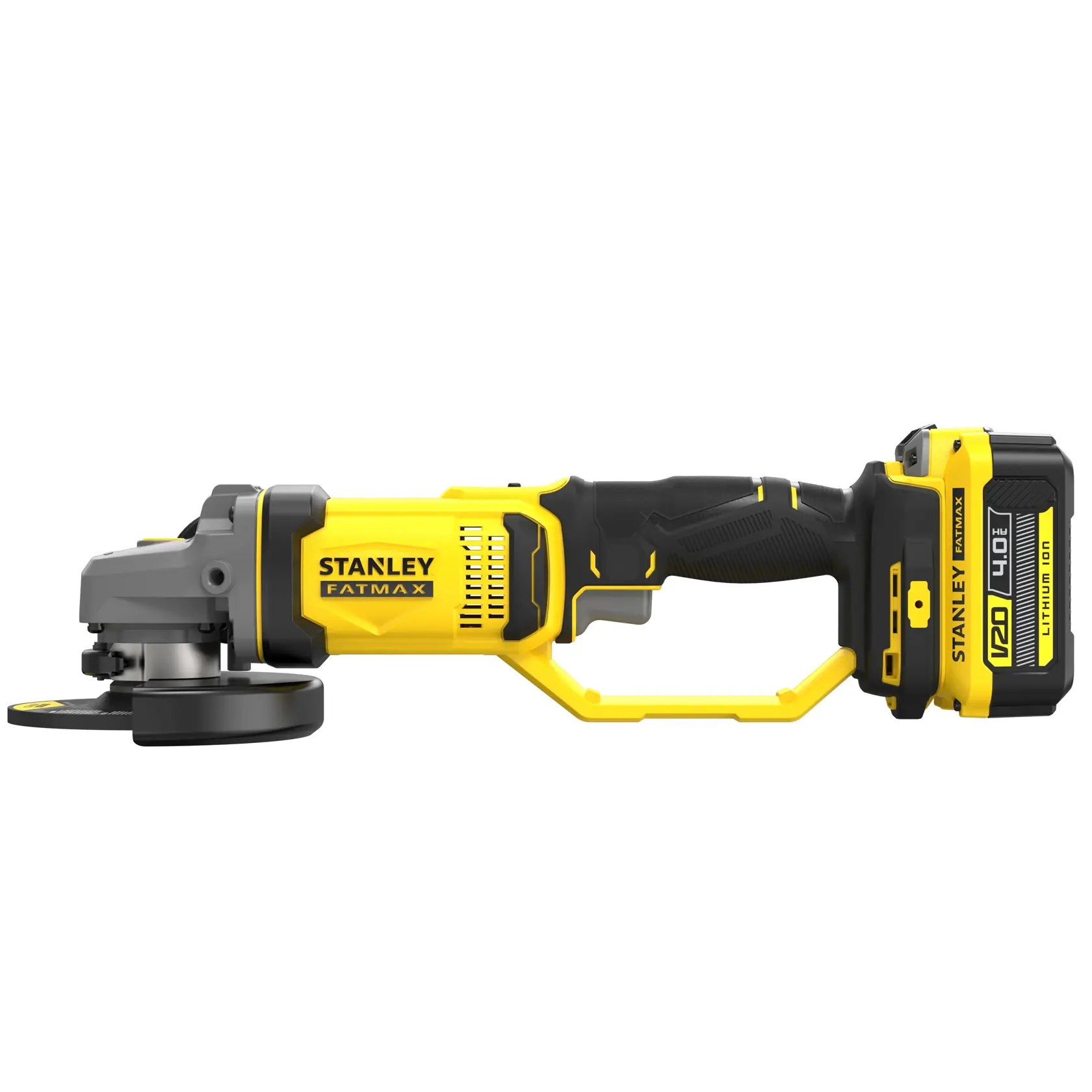 STANLEY SFMCG400M2K cordless angle grinder side view, yellow and black with 18V 4.0Ah Li-Ion battery.