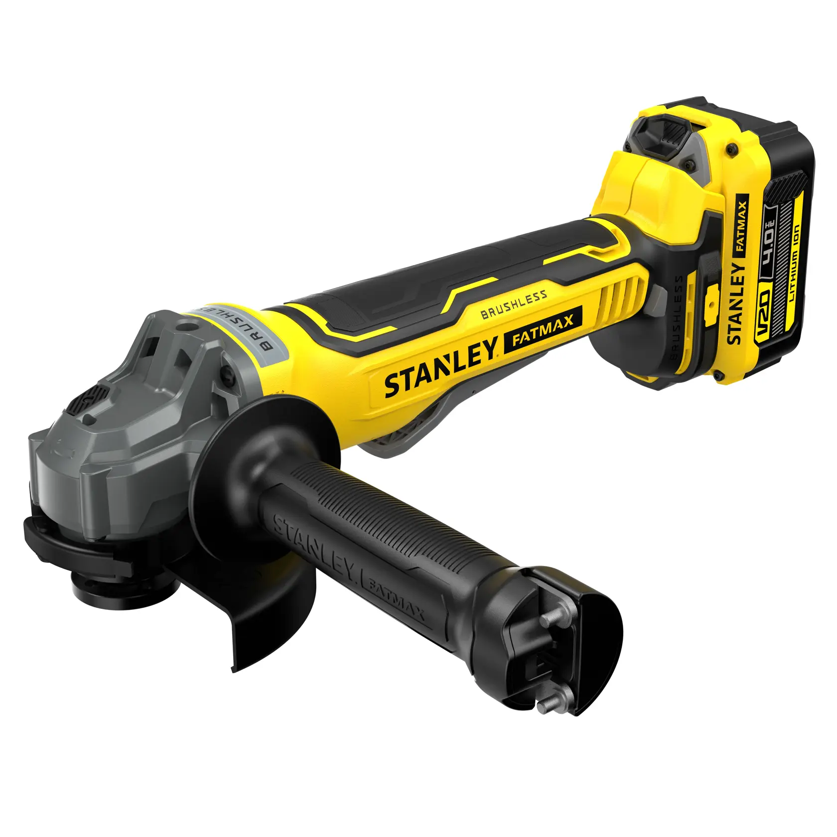Photo of STANLEY SFMCG700M2K cordless angle grinder, yellow and black, side view on white background.