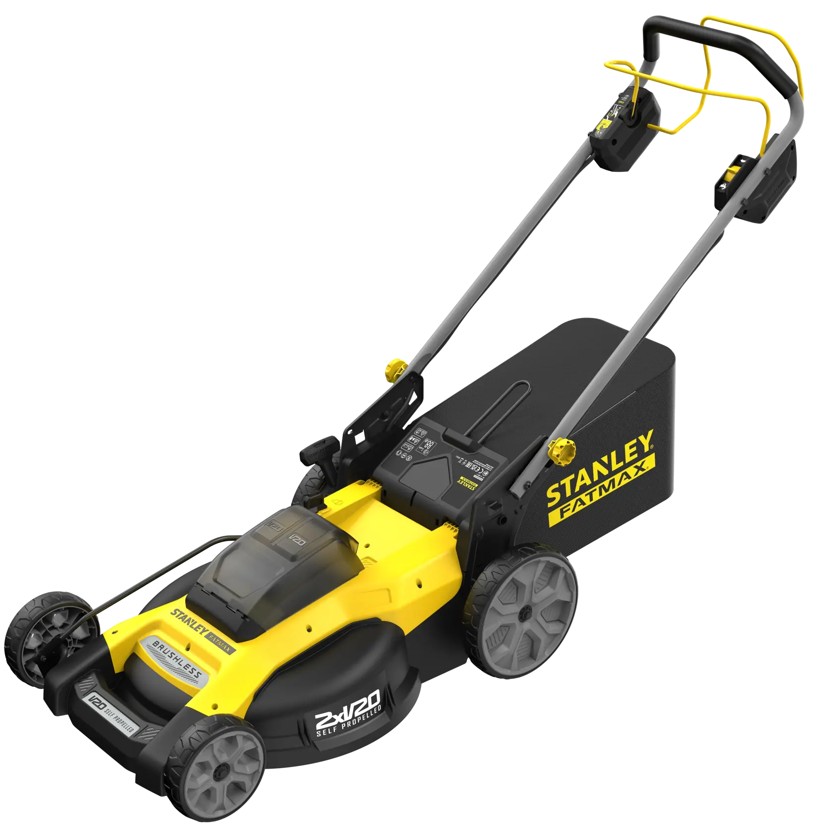 STANLEY SFMCMWS251B lawn mower, yellow and black, side angle on white background.
