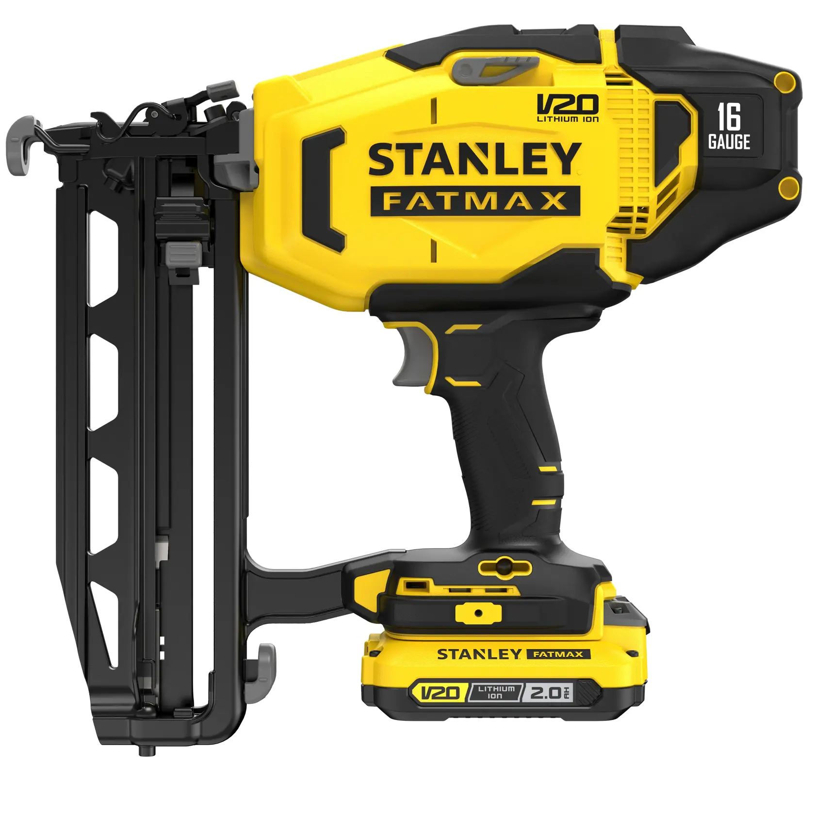 Photo of STANLEY SFMCN616D2K cordless nailer, yellow and black, side view showing handle, battery, and magazine.