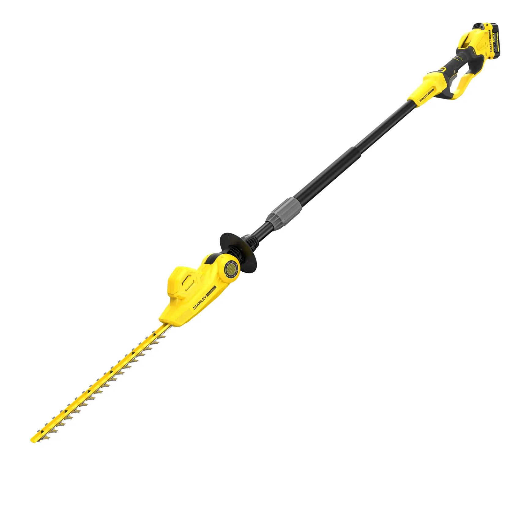 Photo of STANLEY SFMCPH845M1 yellow cordless pole hedge trimmer, side angle, with long extendable handle.