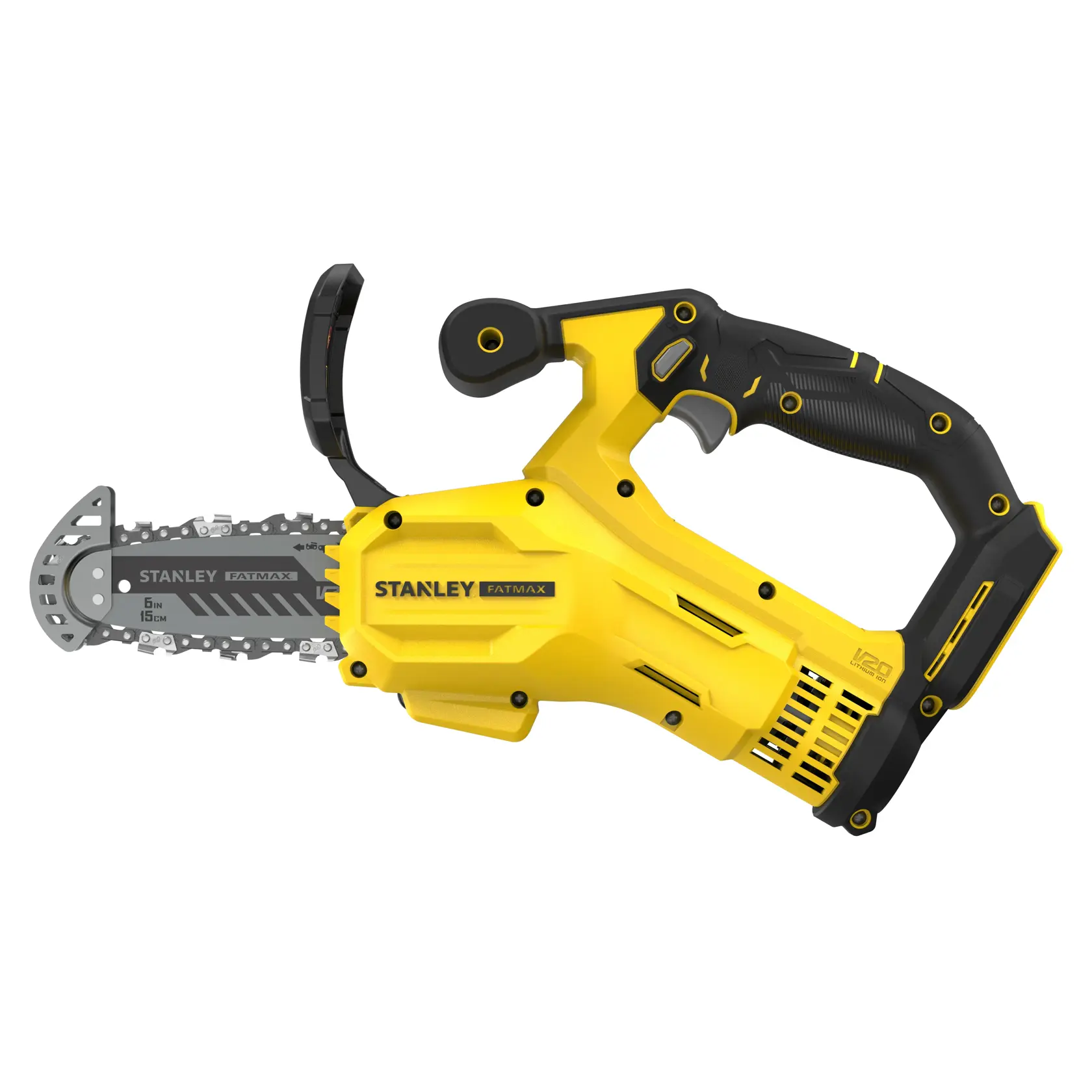 STANLEY SFMCPS415B yellow and black cordless mini chainsaw, product side view on white background.