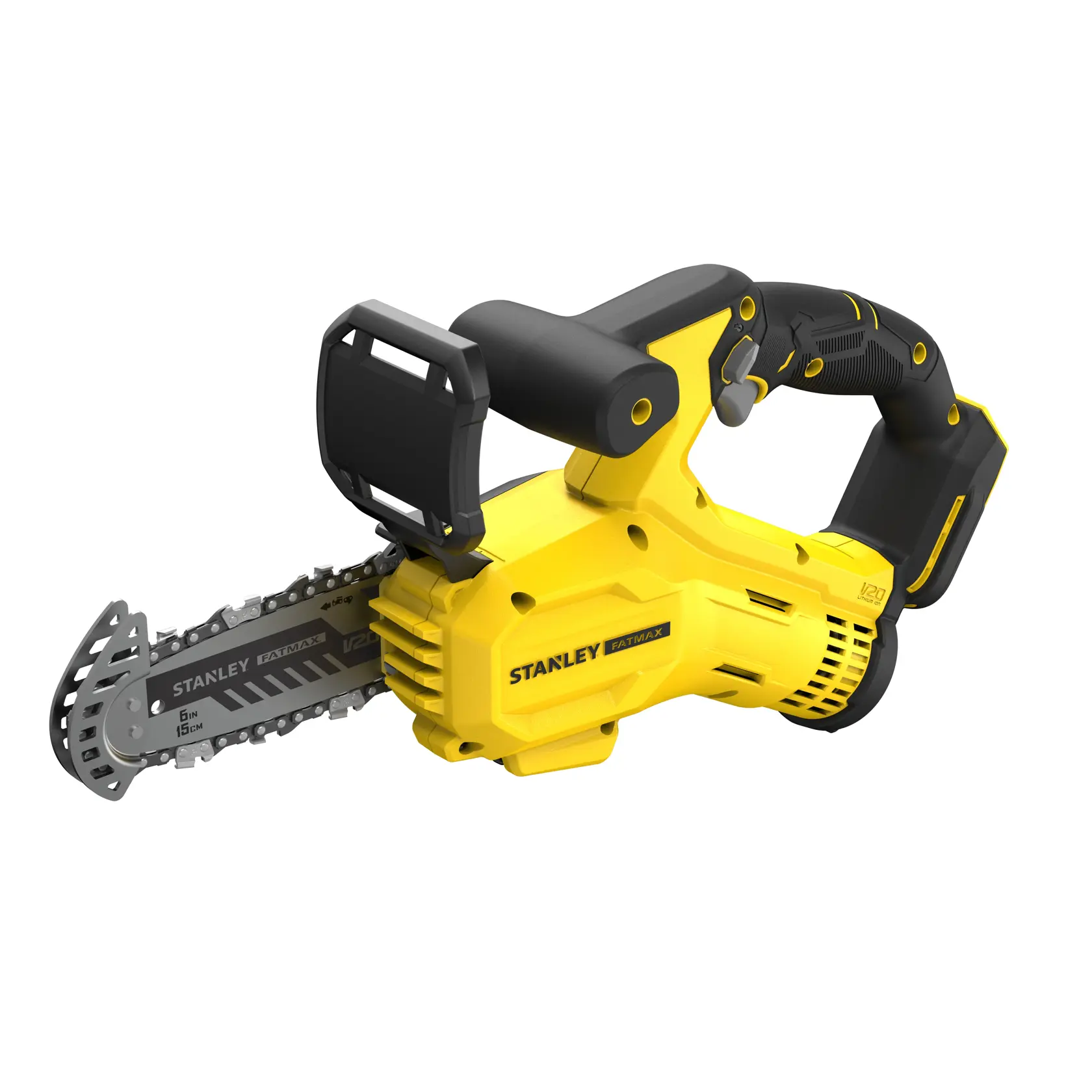 Photo of STANLEY SFMCPS415B cordless compact chainsaw, yellow and black, side view on white background.