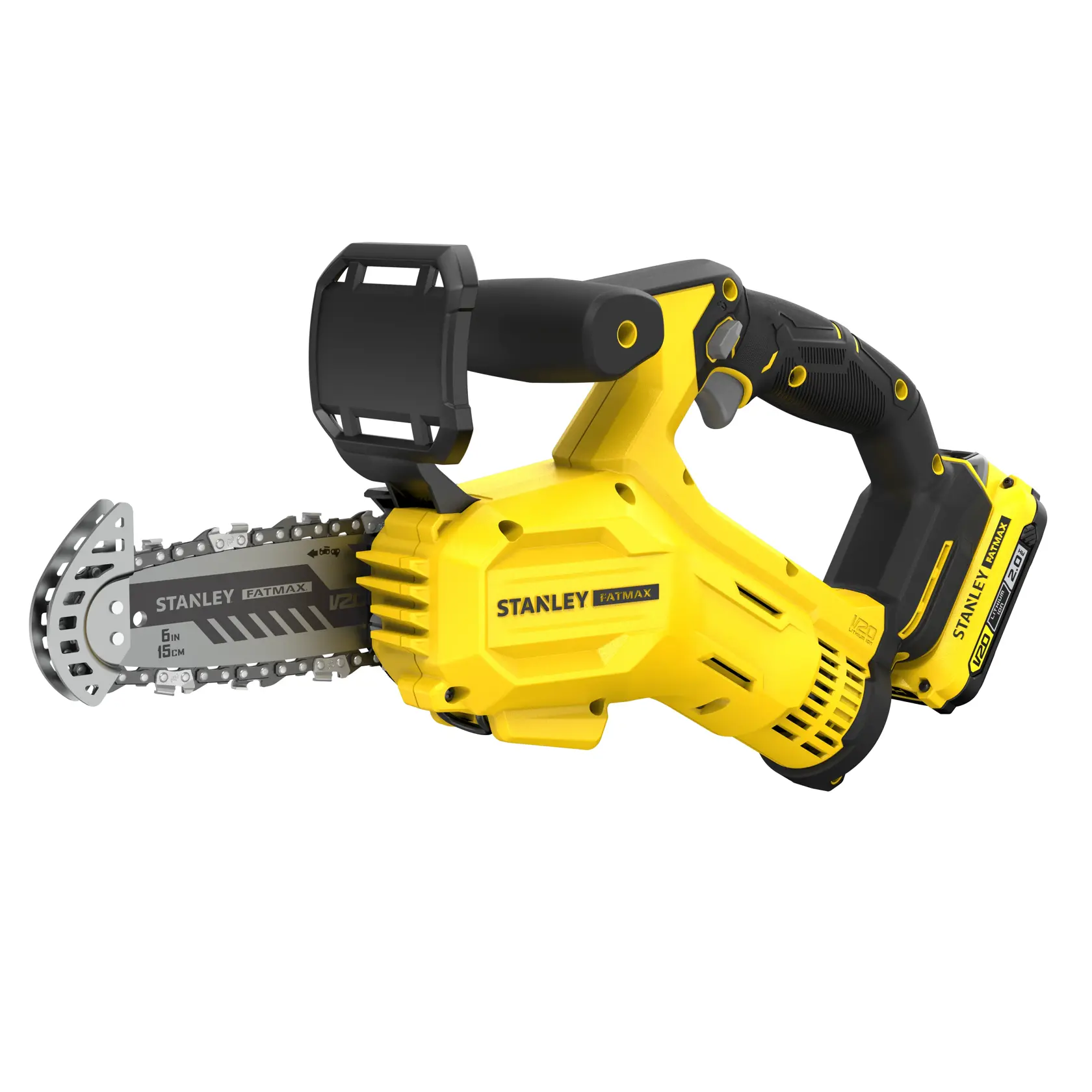 STANLEY SFMCPS415D1 cordless chainsaw, yellow and black, product side view on white background.