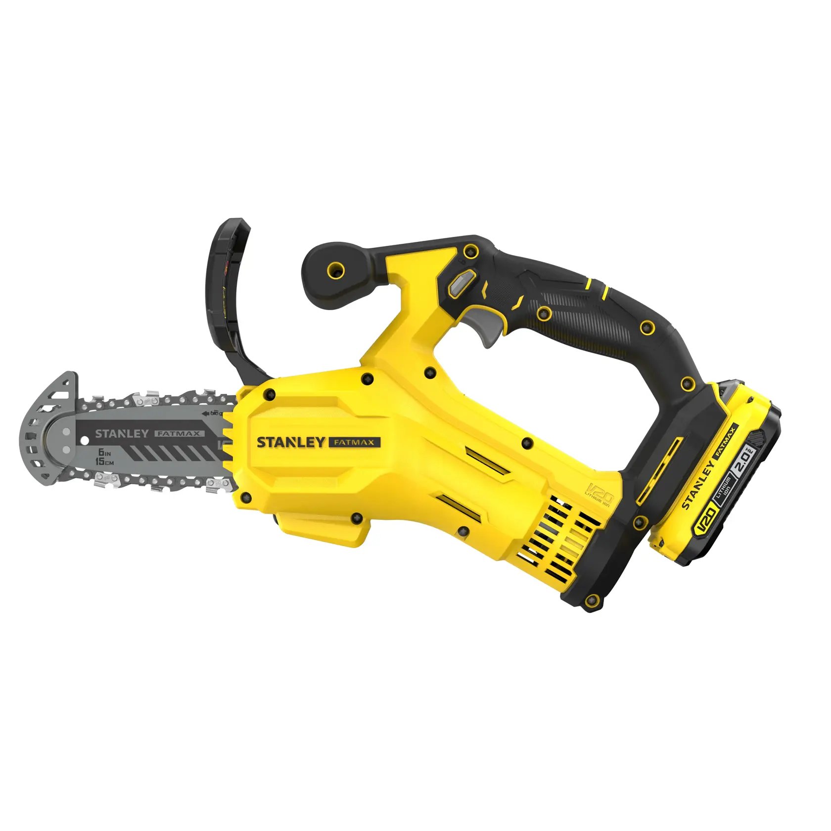 STANLEY SFMCPS415D1 yellow and black cordless chainsaw, side angle, with visible battery and ergonomic handle.