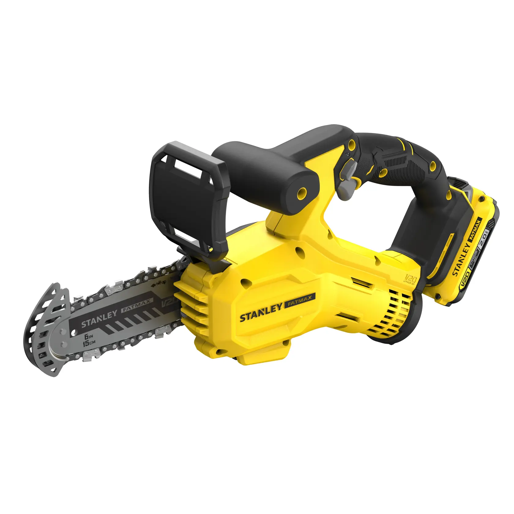 STANLEY SFMCPS415D1 cordless mini chainsaw, yellow and black, side angle on white background.